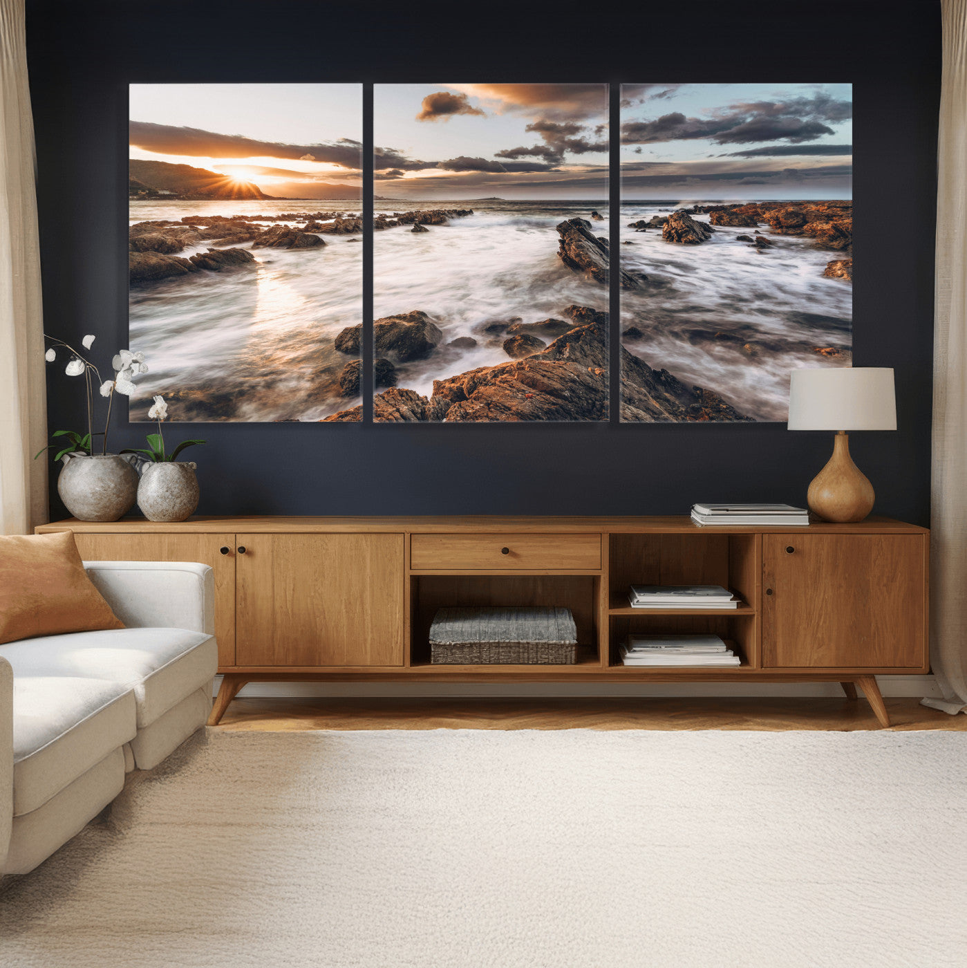 66746024-MGV-CV-36X24 - Rocky Coast Ocean Sunset Wall Art Canvas Print, Dramatic Seascape Nature Wall Decor for Living Room and Office