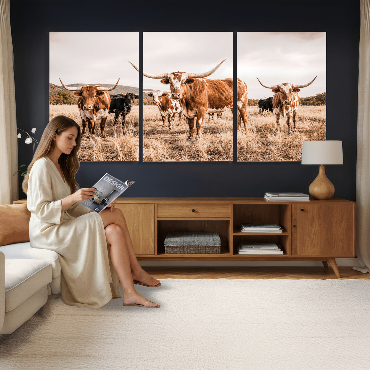 27539727-MGV-CV-36X24 - Texas Longhorn Cattle Wall Art Canvas Print, Sepia Western Decor