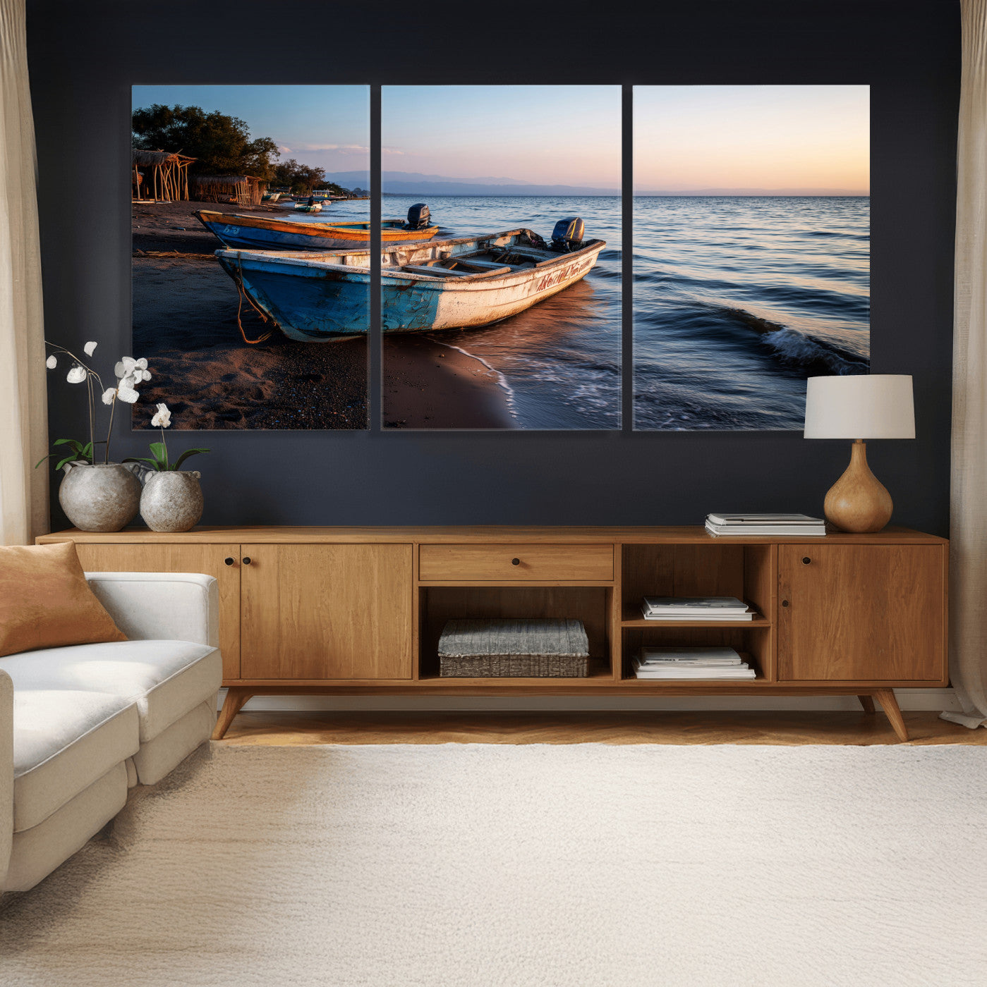 48310406-MGV-CV-36X24 - Coastal Fishing Boats Wall Art Canvas Print, Sunset Beach Boat Scene, Rustic Seaside Landscape Artwork, Calm Ocean Shore Wall Art