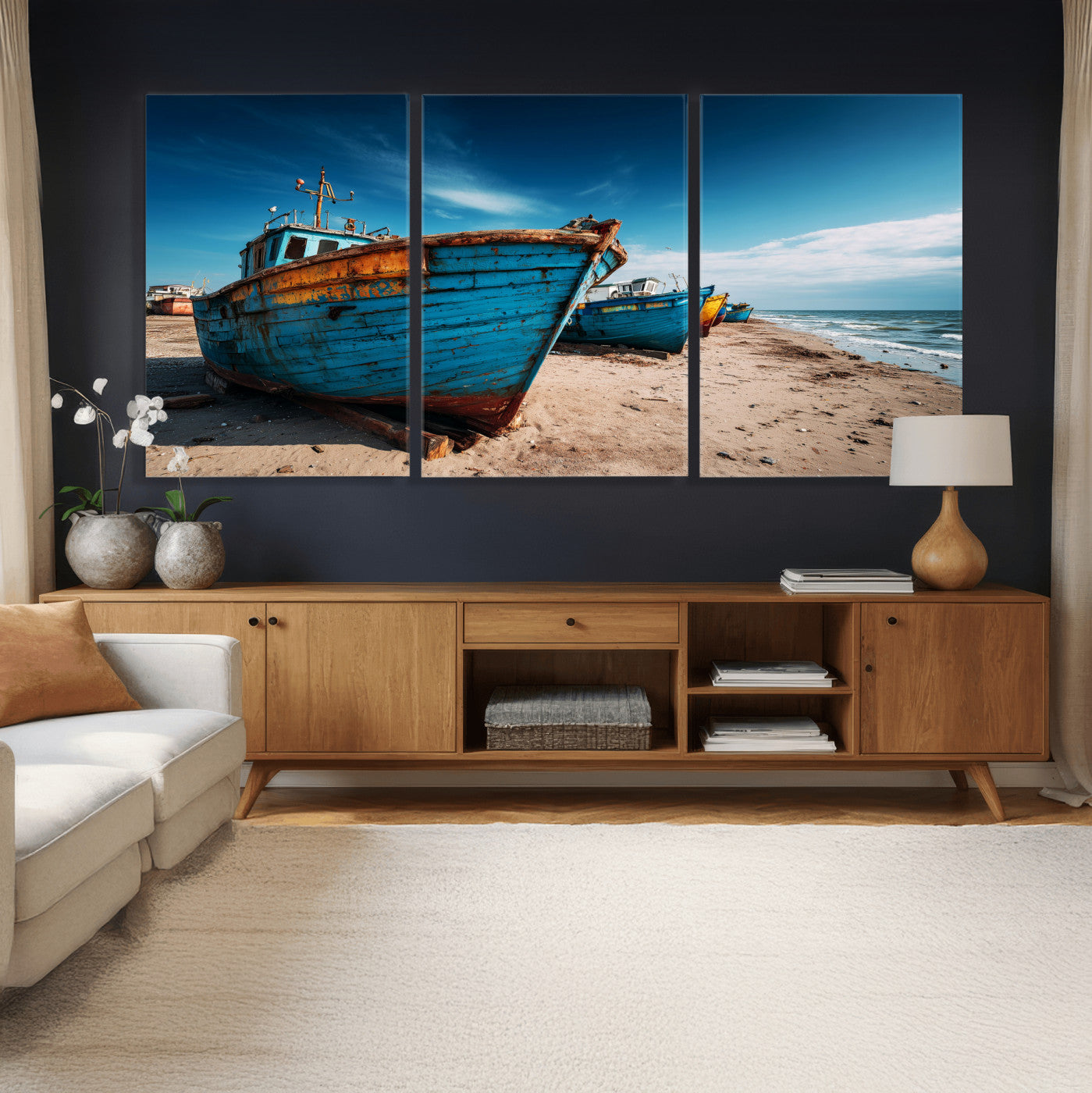 99726300-MGV-CV-36X24 - Coastal Fishing Boats Wall Art Canvas Print, Sunset Beach Boat Scene, Rustic Seaside Landscape Artwork, Calm Ocean Shore Wall Art