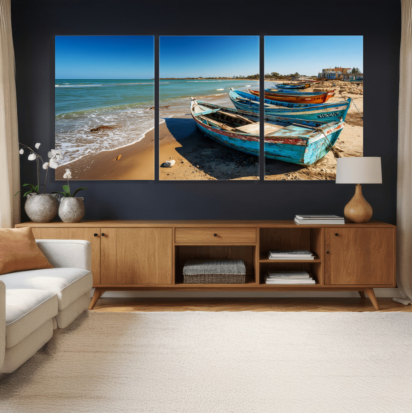 23003319-MGV-CV-36X24 - Coastal Fishing Boats Wall Art Canvas Print, Sunset Beach Boat Scene, Rustic Seaside Landscape Artwork, Calm Ocean Shore Wall Art