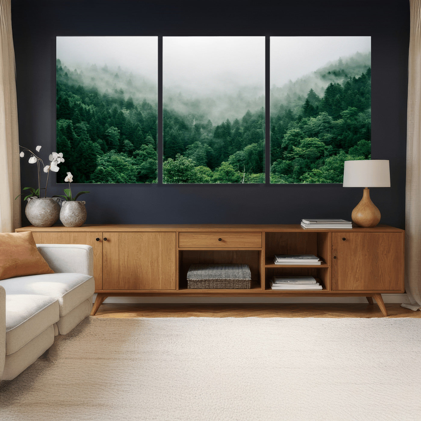 61640815-MGV-CV-36X24 - Misty Pine Forest Wall Art Canvas Print, Foggy Evergreen Landscape Wall Decor, Moody Green Nature Artwork, Minimal Forest Canvas Wall Art, Framed Canvas Wall Art Ready to Hang