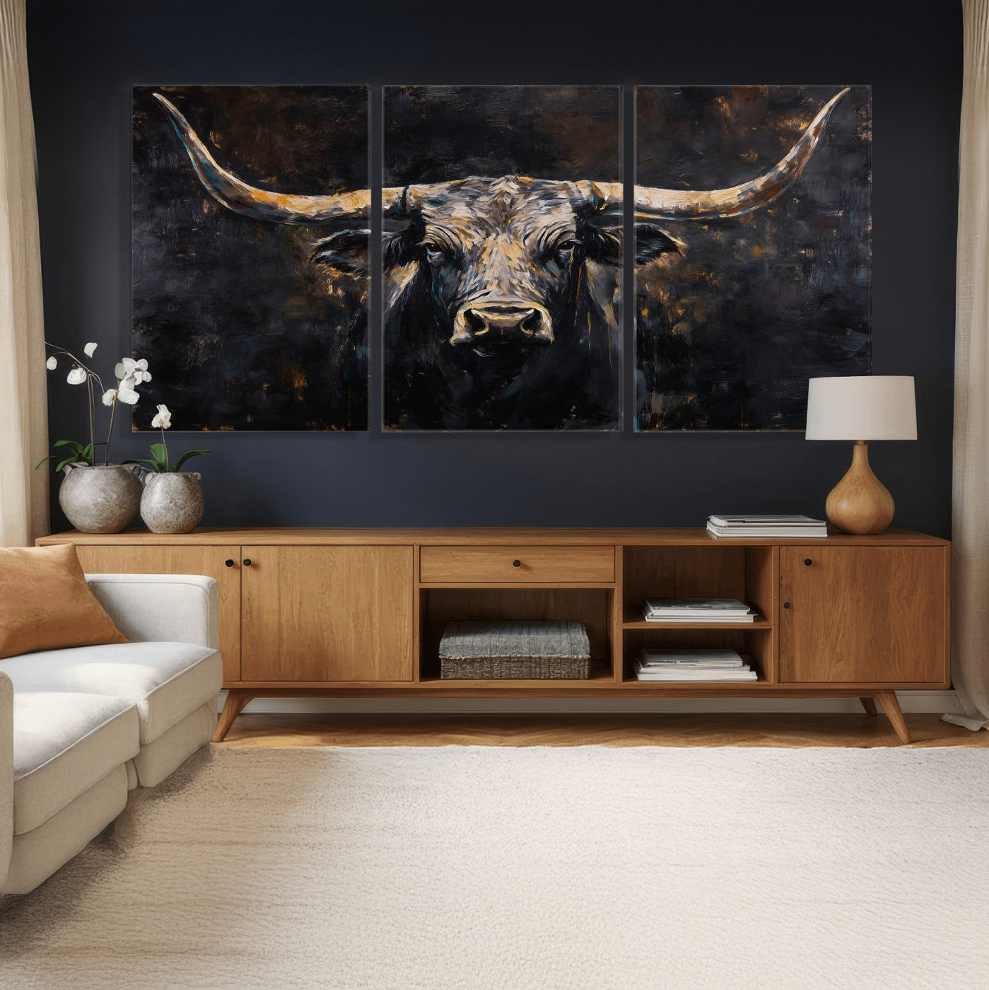 17622011-MGV-CV-36X24 - Abstract Longhorn Bull Wall Art Canvas Print – Dark Rustic Western Cattle Artwork for Farmhouse, Ranch, Cabin, and Office Decor