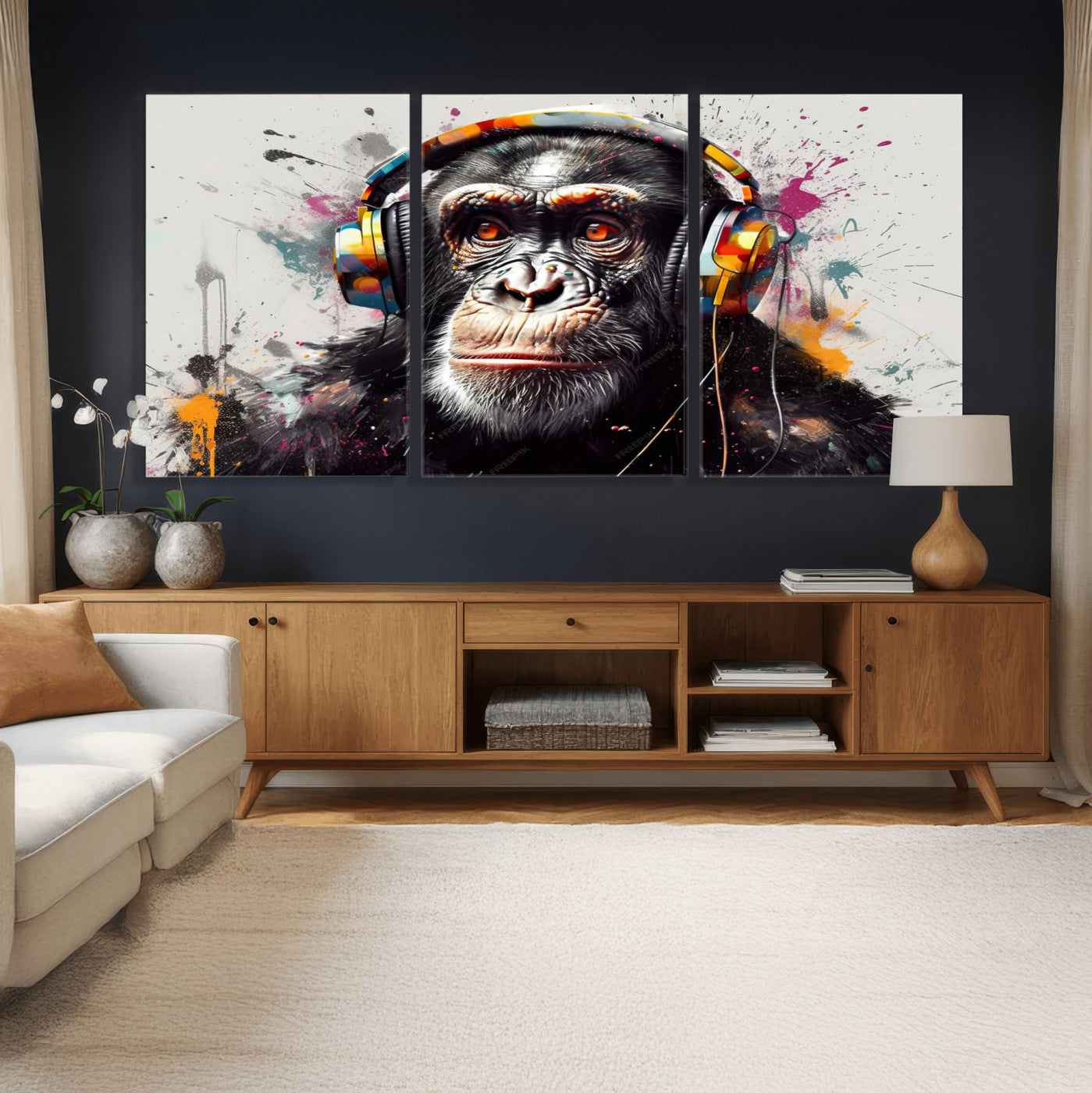 31244985-MGV-CV-36X24 - Dj Monkey Wall Art Canvas Print – Colorful Pop Art Banksy Graffiti Chimpanzee Print