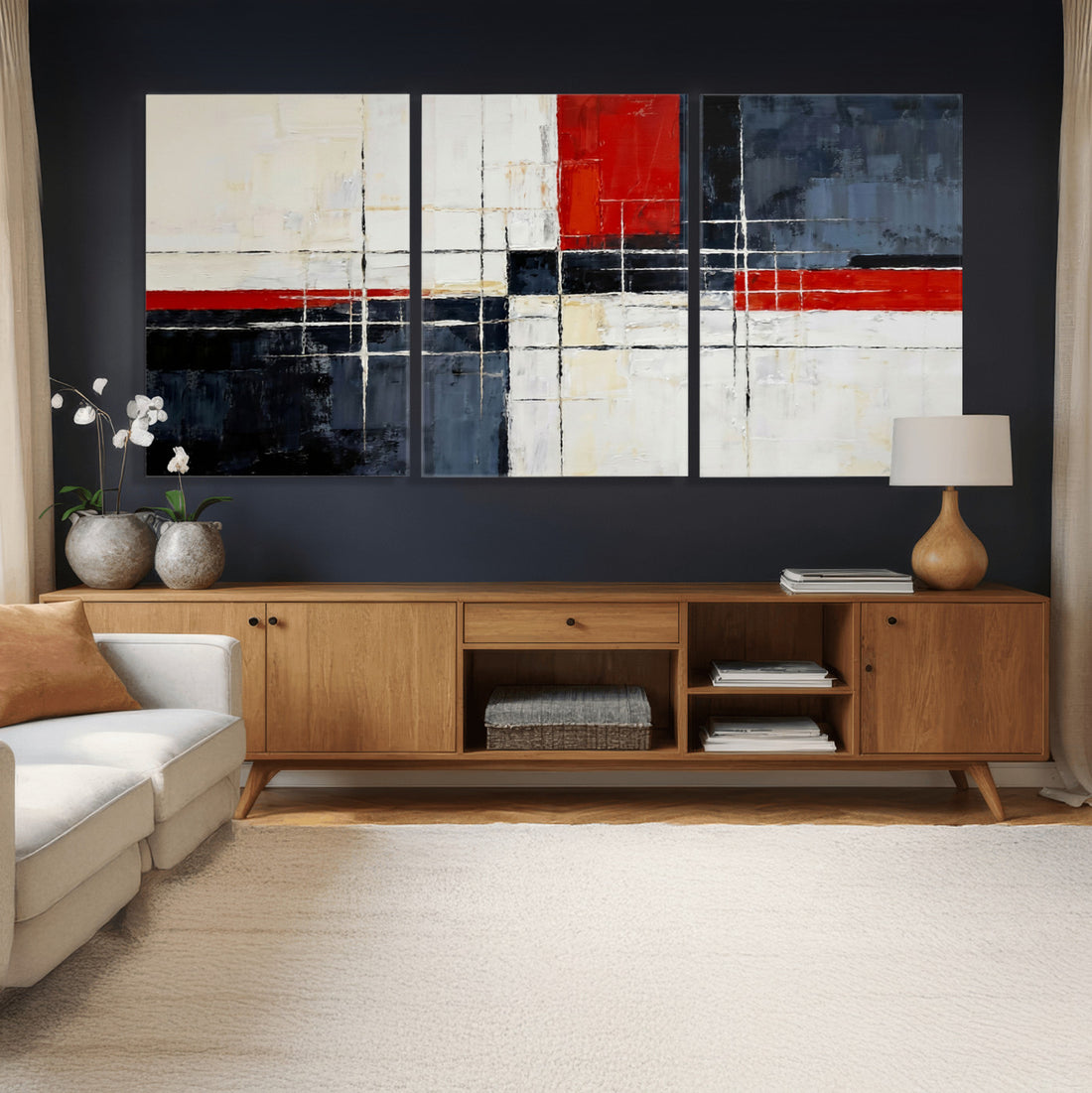 Navy Red Abstract Wall Art Canvas Print, Modern Luxury Geometric Art for Living Room and Office