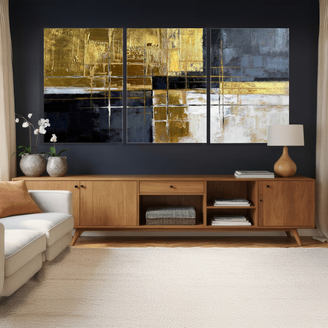 Gold Navy Abstract Wall Art Canvas Print, Modern Luxury Geometric Art for Living Room and Office