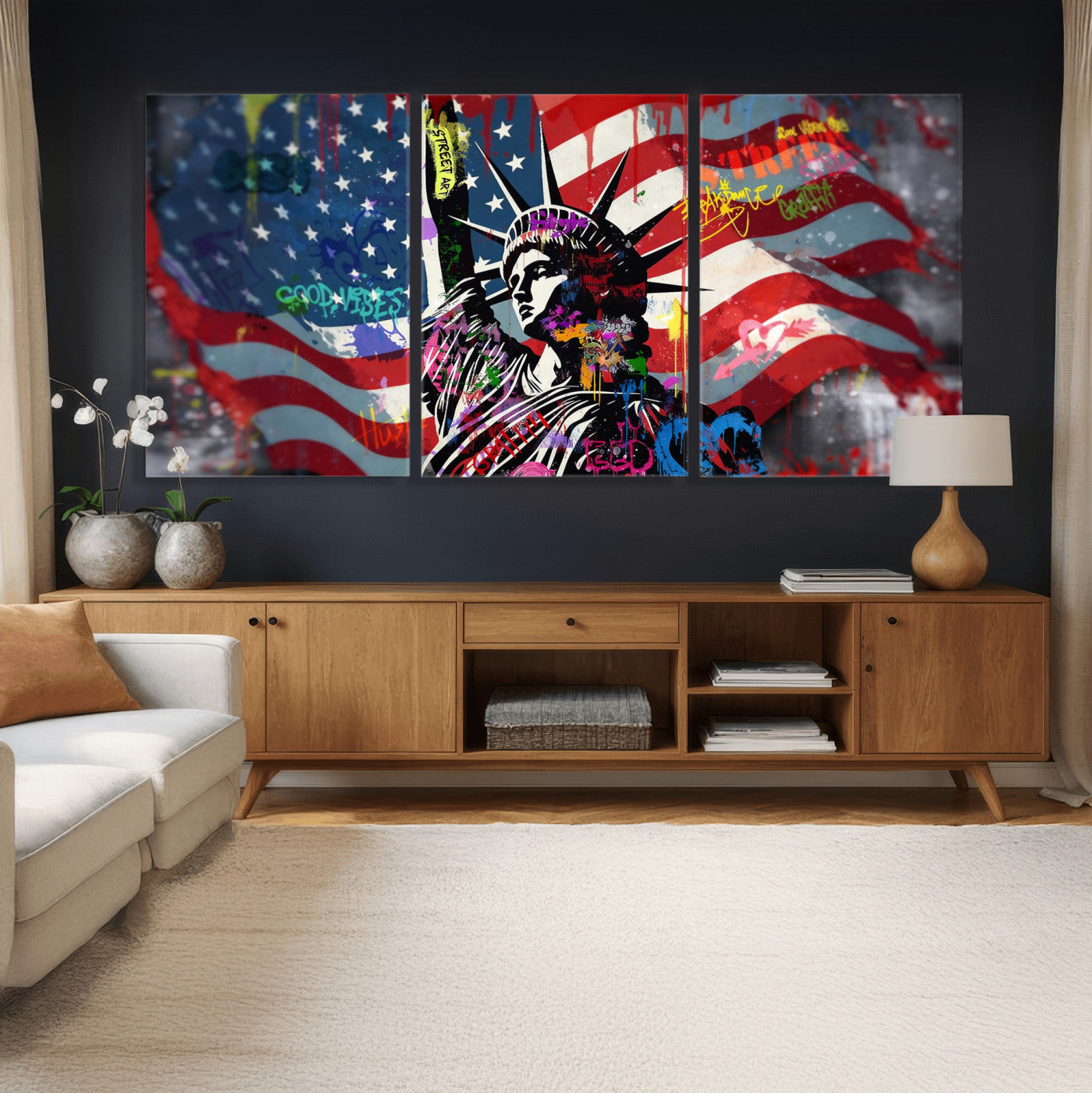 32151941-MGV-CV-36X24 - USA Statue of Liberty Graffiti Street Art Wall Art Canvas Print, American Flag Urban Pop Art Canvas Print, Modern Patriotic Street Art Contemporary Art Printing