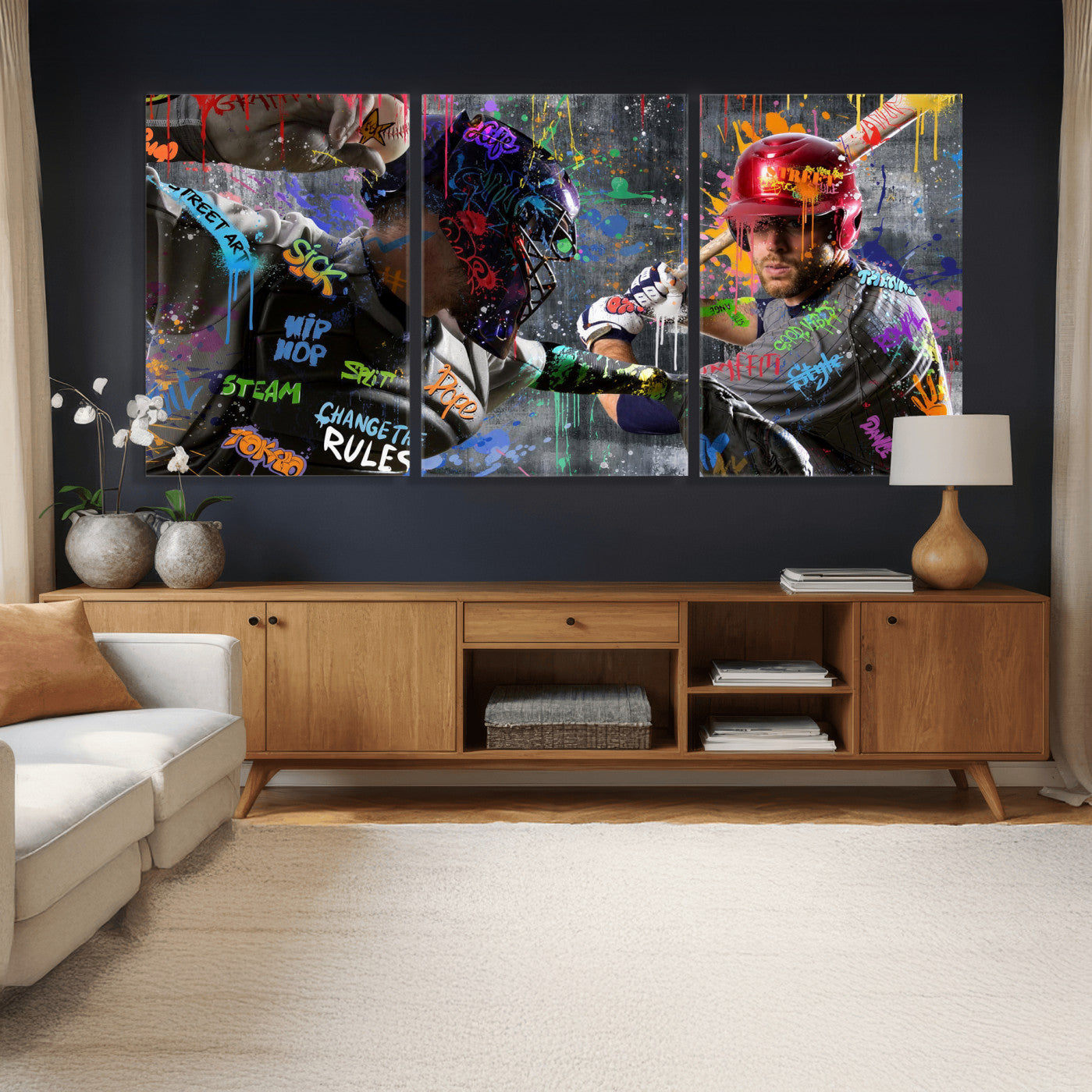 19634994-MGV-CV-36X24 - Graffiti Baseball Player Street Art Wall Art Canvas Print, Urban Sports Pop Art Baseball Canvas Print, Modern Athletic Graffiti Contemporary Art Printing