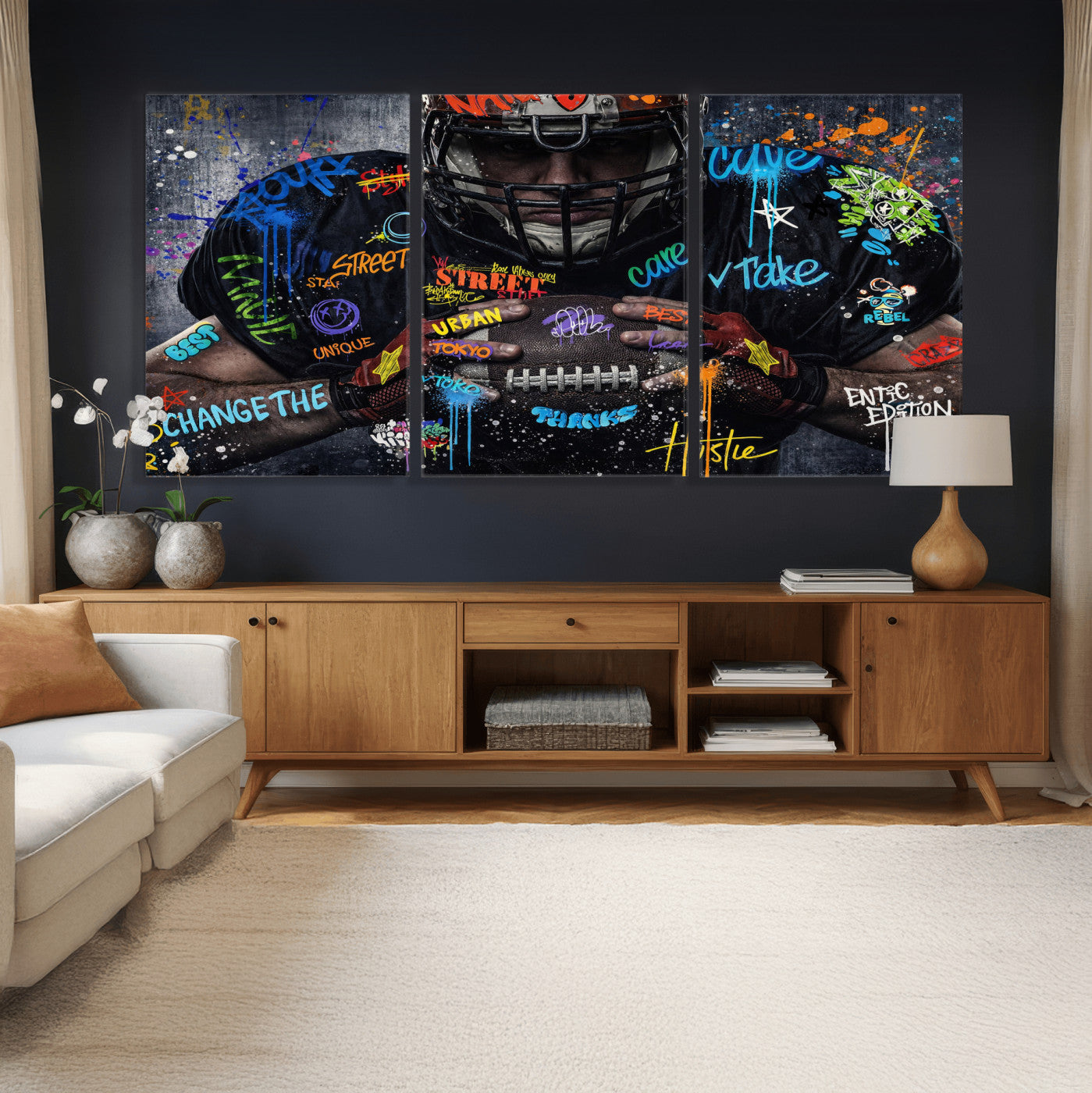 55267256-MGV-CV-36X24 - Graffiti American Football Player Street Art Wall Art Canvas Print, Urban Sports Pop Art Football Canvas Print, Modern Athletic Graffiti Contemporary Art Printing