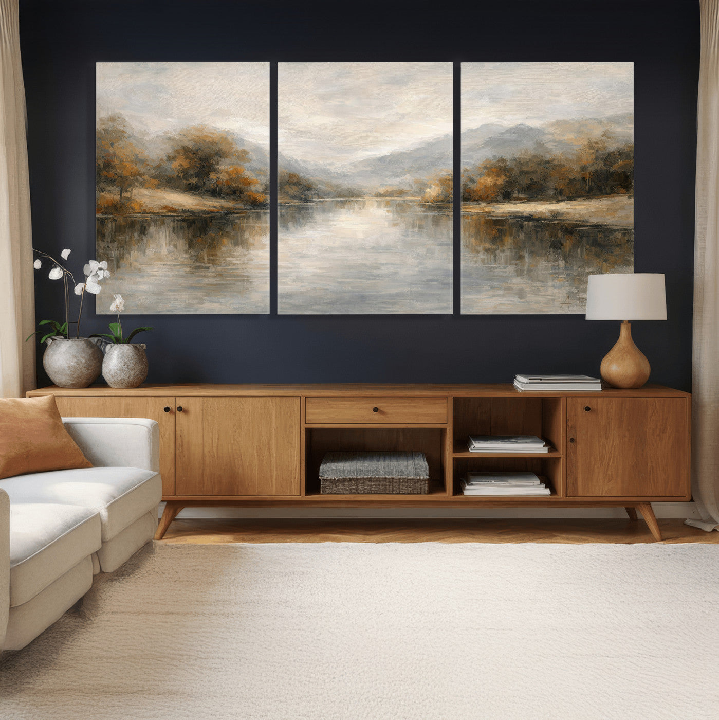 29251761-MGV-CV-36X24 - Neutral Abstract River Landscape Wall Art Canvas Print, Modern Minimal Nature Reflection Canvas Print, Beige Gray Contemporary Mountain Art Printing