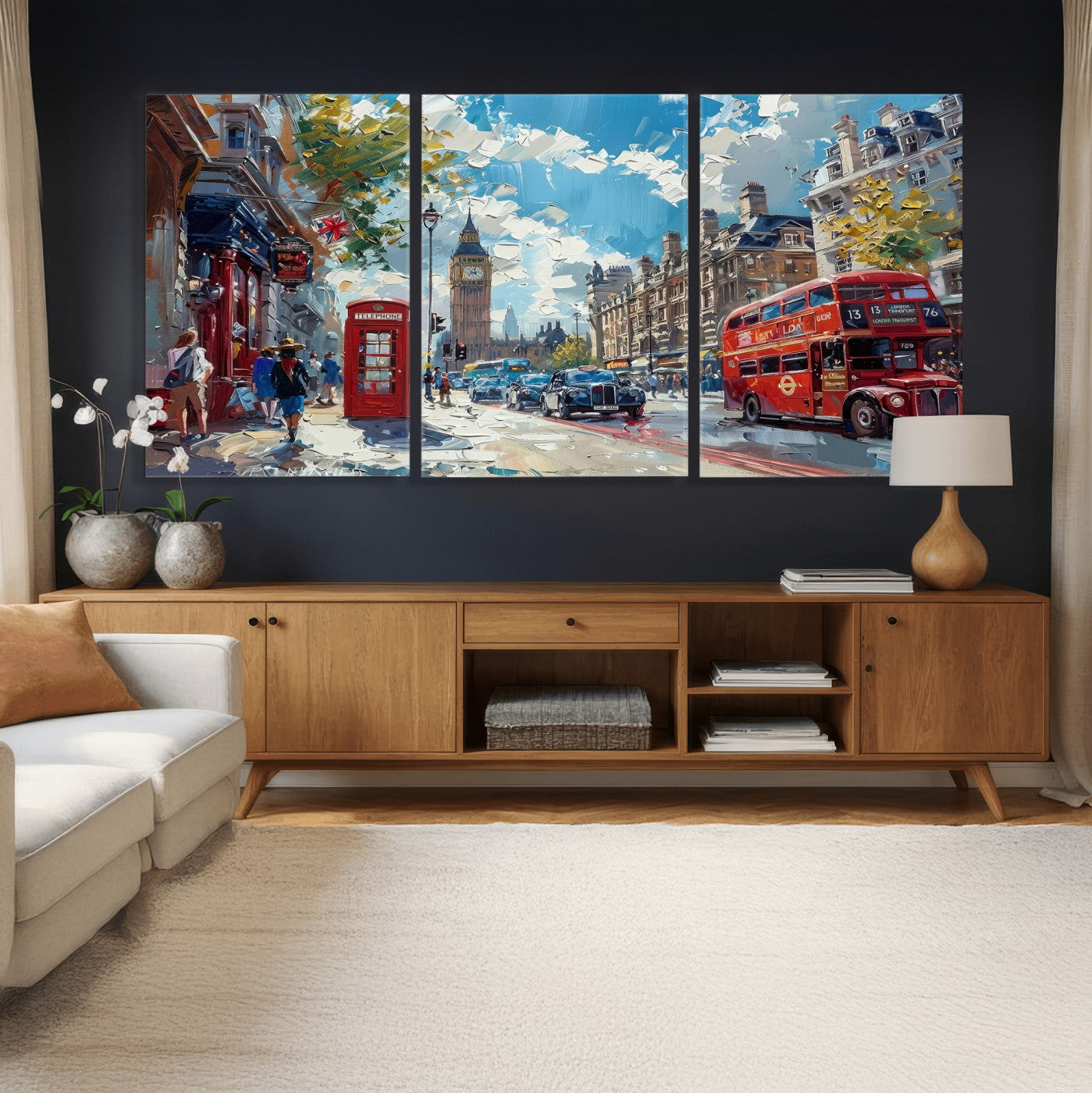 17630888-MGV-CV-36X24 - Modern London City Street Wall Art Canvas Print, Big Ben & Red Bus Artwork Canvas Print