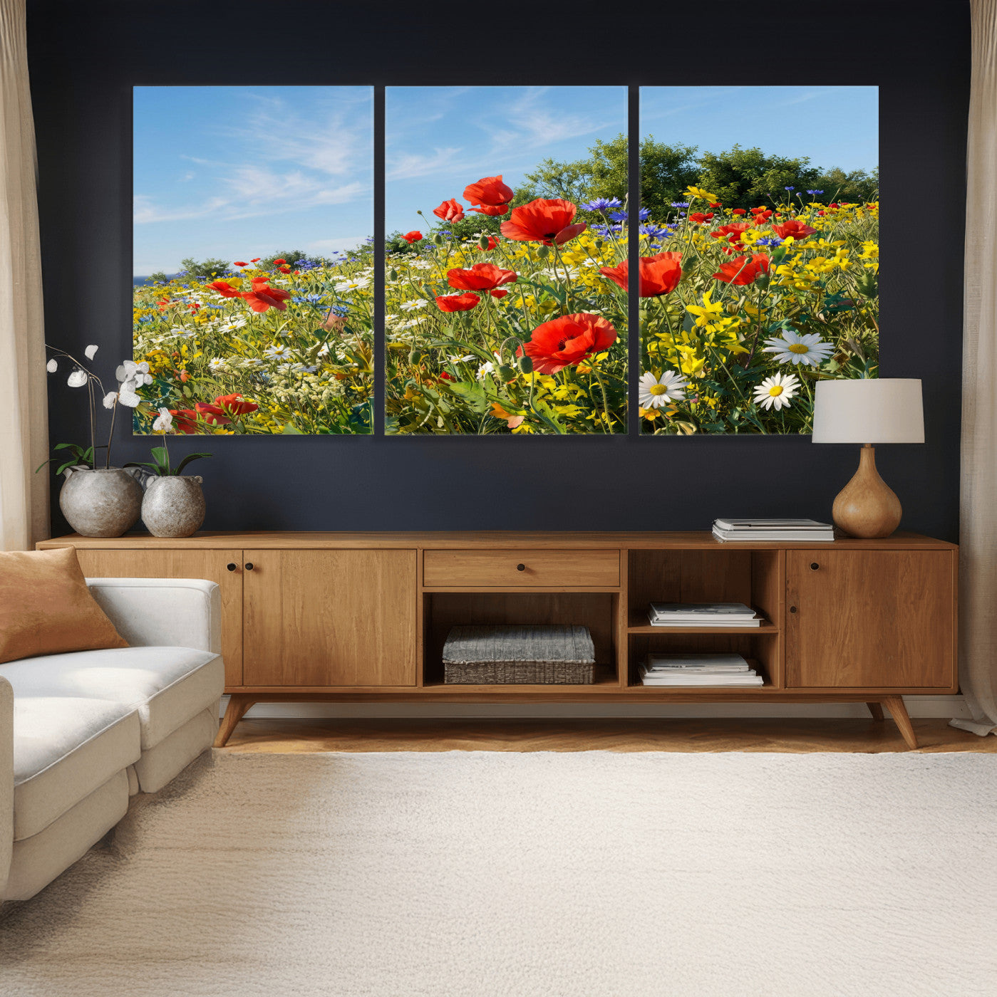 38570784-MGV-CV-36X24 - Wildflower Meadow Wall Art Canvas Print – Colorful Poppy and Daisy Field Landscape Artwork for Living Room Decor