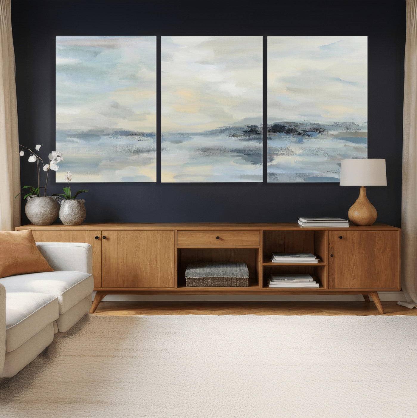 24647355-MGV-CV-36X24 - Abstract Coastal Landscape Wall Art Canvas Print – Soft Blue Gray Minimalist Painting