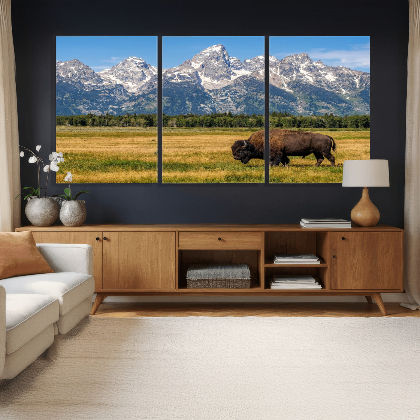 20424529-MGV-CV-36X24 - Bison in Mountain Landscape Wall Art Canvas Print – Western Wildlife Artwork for Rustic Living Room Decor