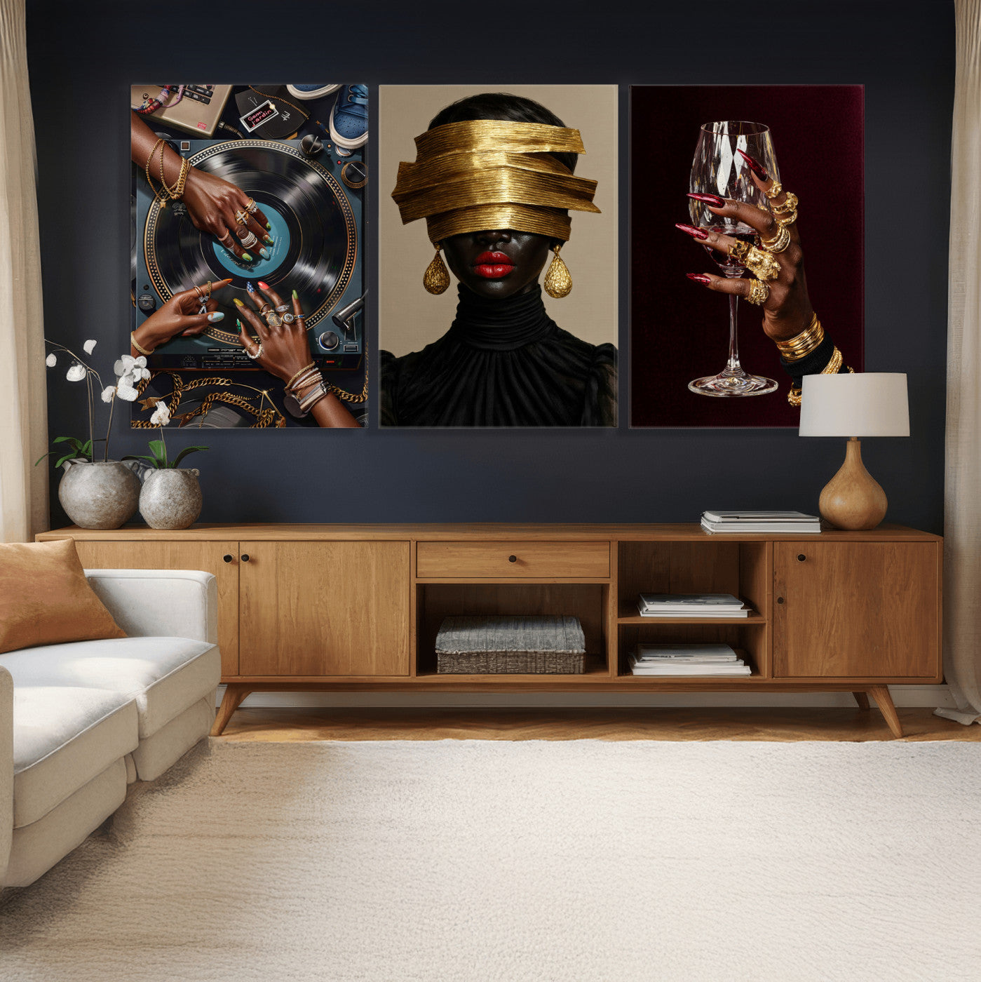 8151788S6-MGV-CV-60X30-3P - Luxury Fashion Wall Art Canvas Print Set of 3, Gold Jewelry Portrait Triptych, Glam Black Woman Modern Artwork