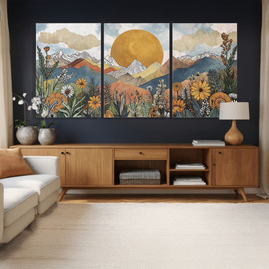 Boho Mountain Landscape Large Wall Art, Horizontal Gold Sun and Flowers Print