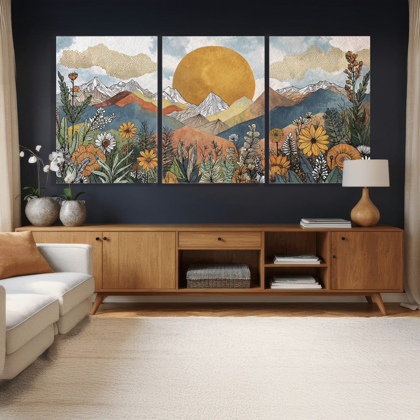 17540863-MGV-CV-36X24 - Boho Mountain Landscape Large Wall Art, Horizontal Gold Framed Canvas Print with Sun and Flowers