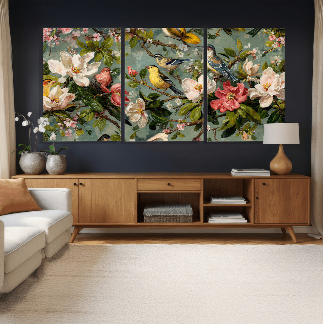 Vintage Birds and Flowers Wide Wall Art, Extra Large Panoramic Botanical Print