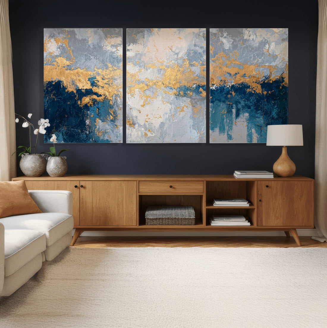 Blue Gold Abstract Large Framed Canvas Wall Art, Modern Luxury Print