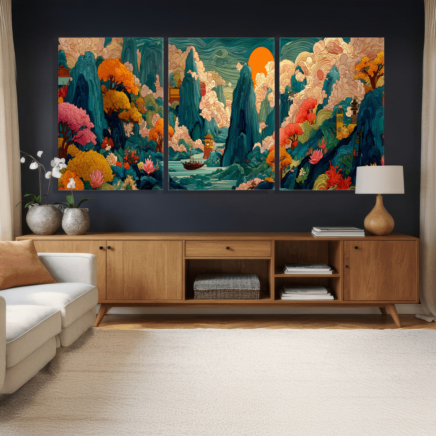 90422518-MGV-CV-48X32-3P - Colorful Japanese Landscape Print: Maximalist Panoramic Wall Art