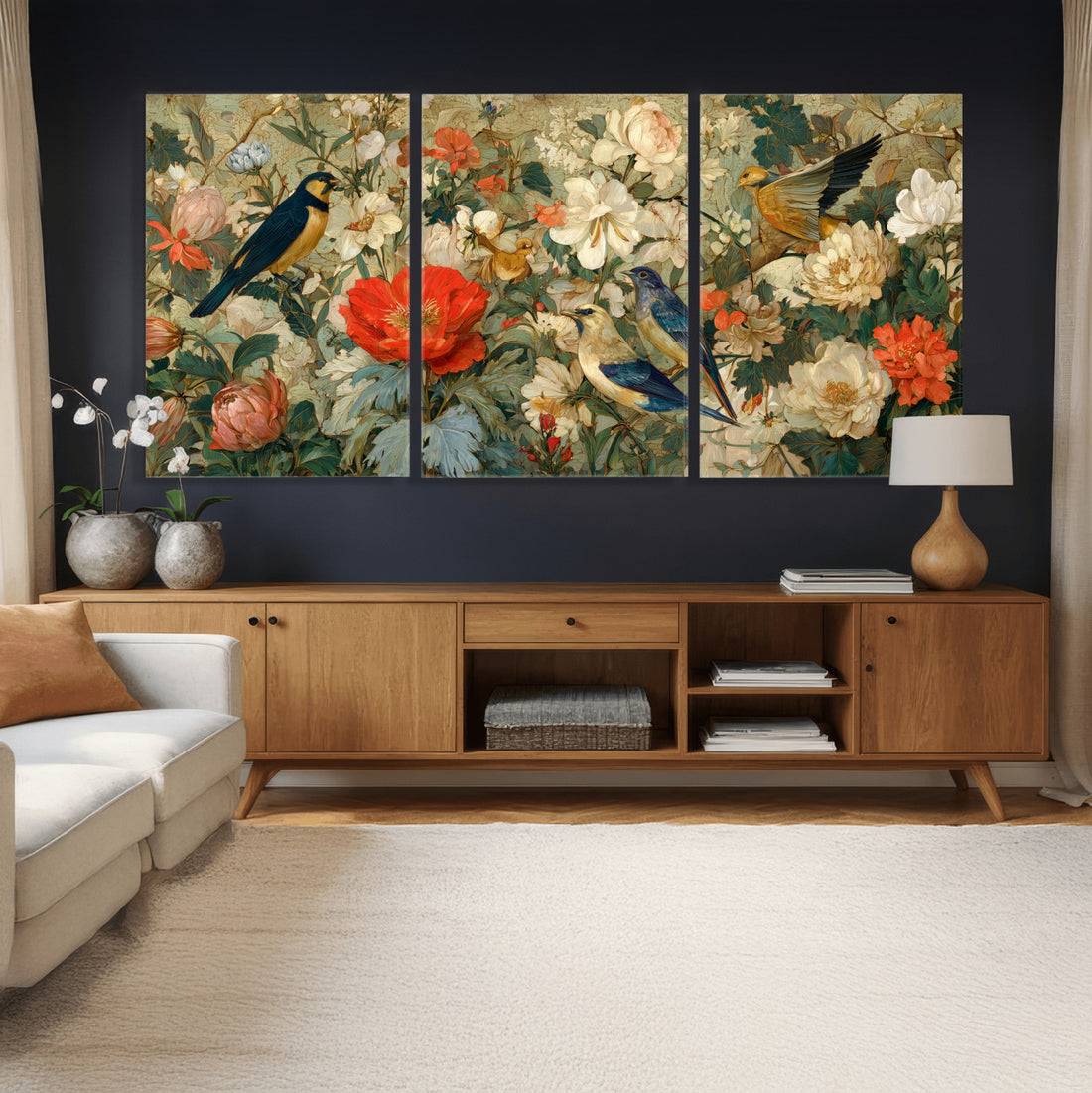 Vintage Birds and Flowers Wall Art Canvas Print, Botanical Bird Art