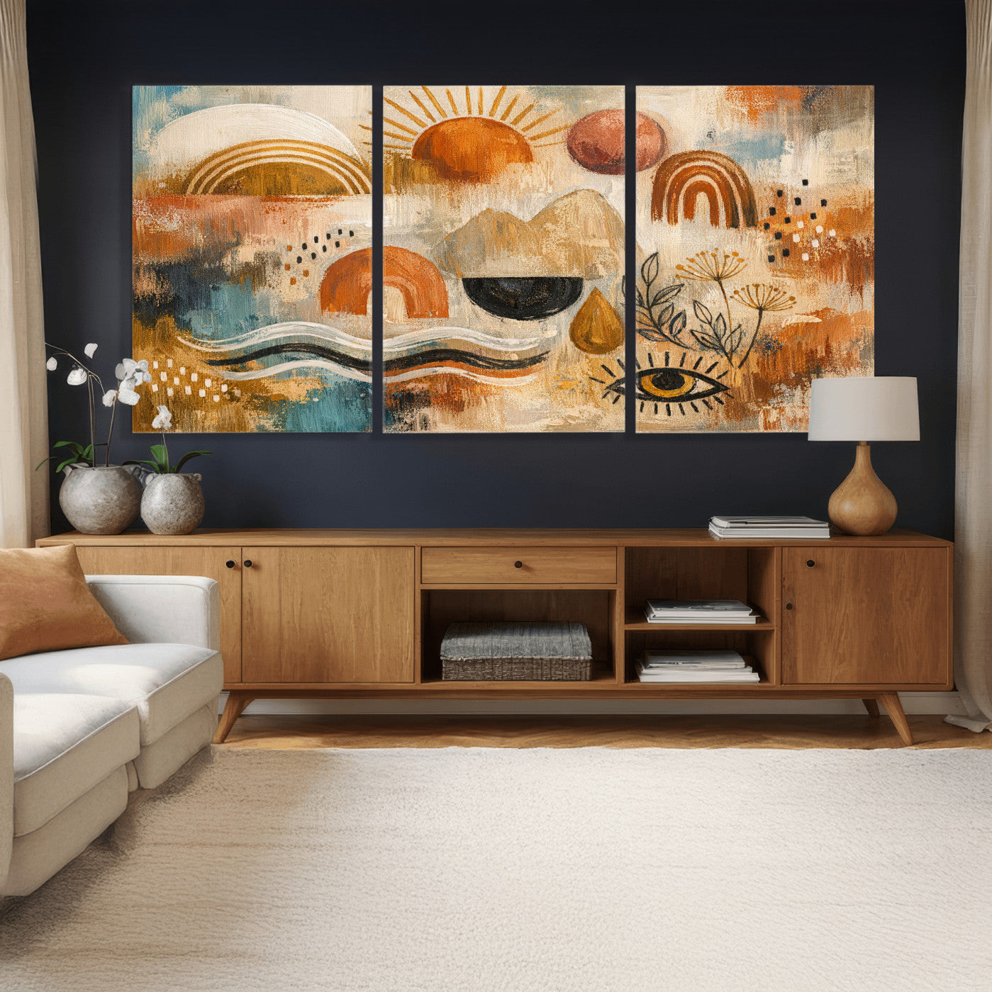 52155239-MGV-CV-36X24 - Geometric Boho Abstract Wall Art Canvas Print, Orange Blue Abstract Expressionist Painting Print, Modern Geometric Abstract Canvas Art