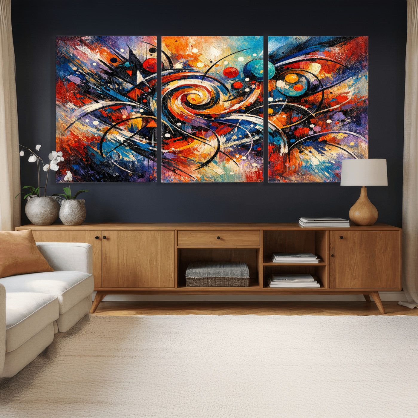 60193267-MGV-CV-36X24 - Geometric Abstract Wall Art Canvas Print, Orange Blue Abstract Expressionist Painting Print, Modern Geometric Abstract Canvas Art