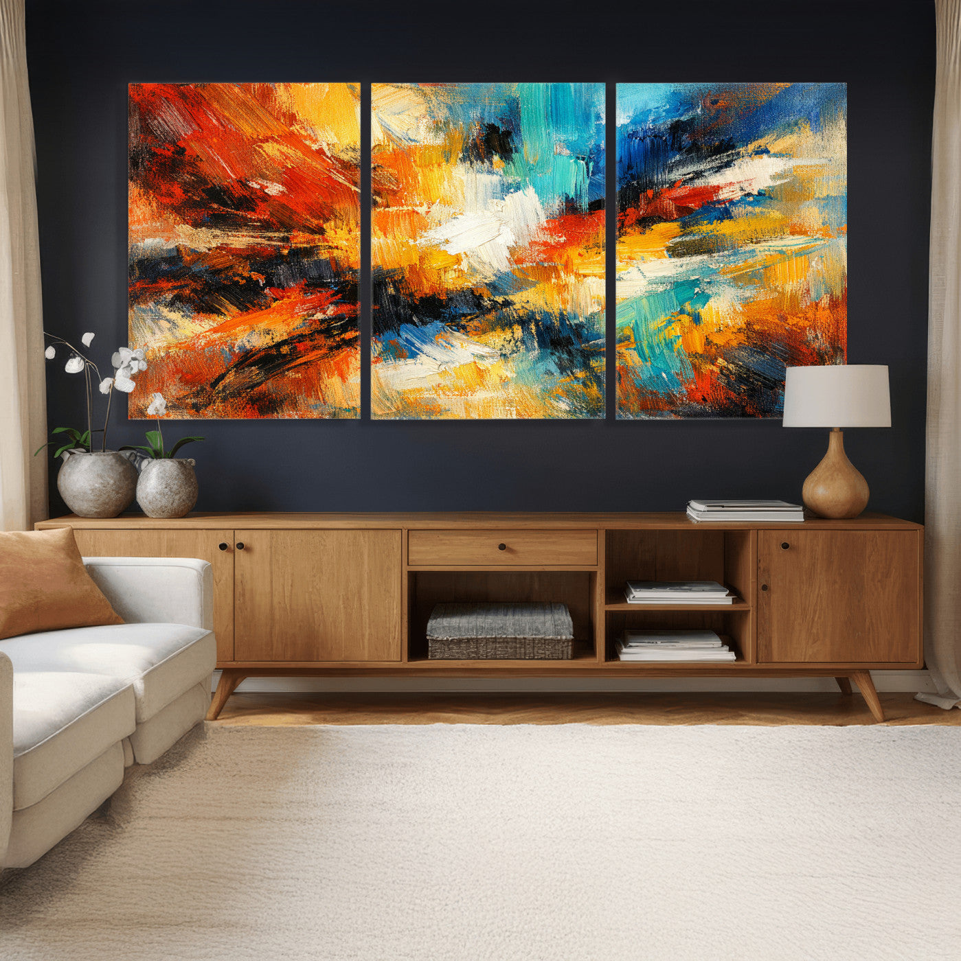 93167583-MGV-CV-36X24 - Geometric Abstract Wall Art Canvas Print, Orange Blue Abstract Expressionist Painting Print, Modern Geometric Abstract Canvas Art