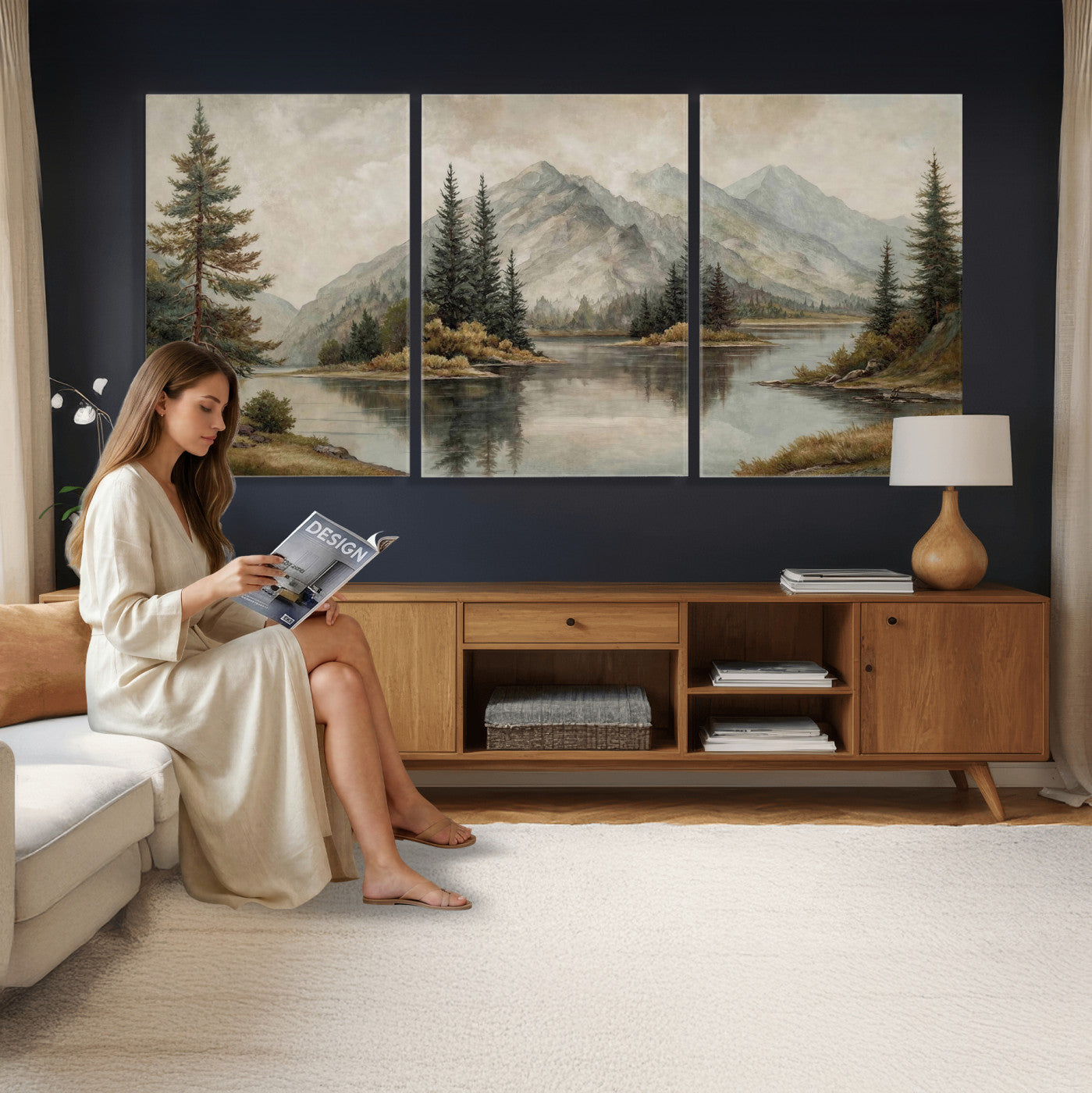 4712069V1-MGV-CV-60X30-3P - Vintage Mountain Landscape Wall Art Canvas Print Set, Rustic Nature Triptych Canvas, Neutral Lake Forest Mountain Wall Decor