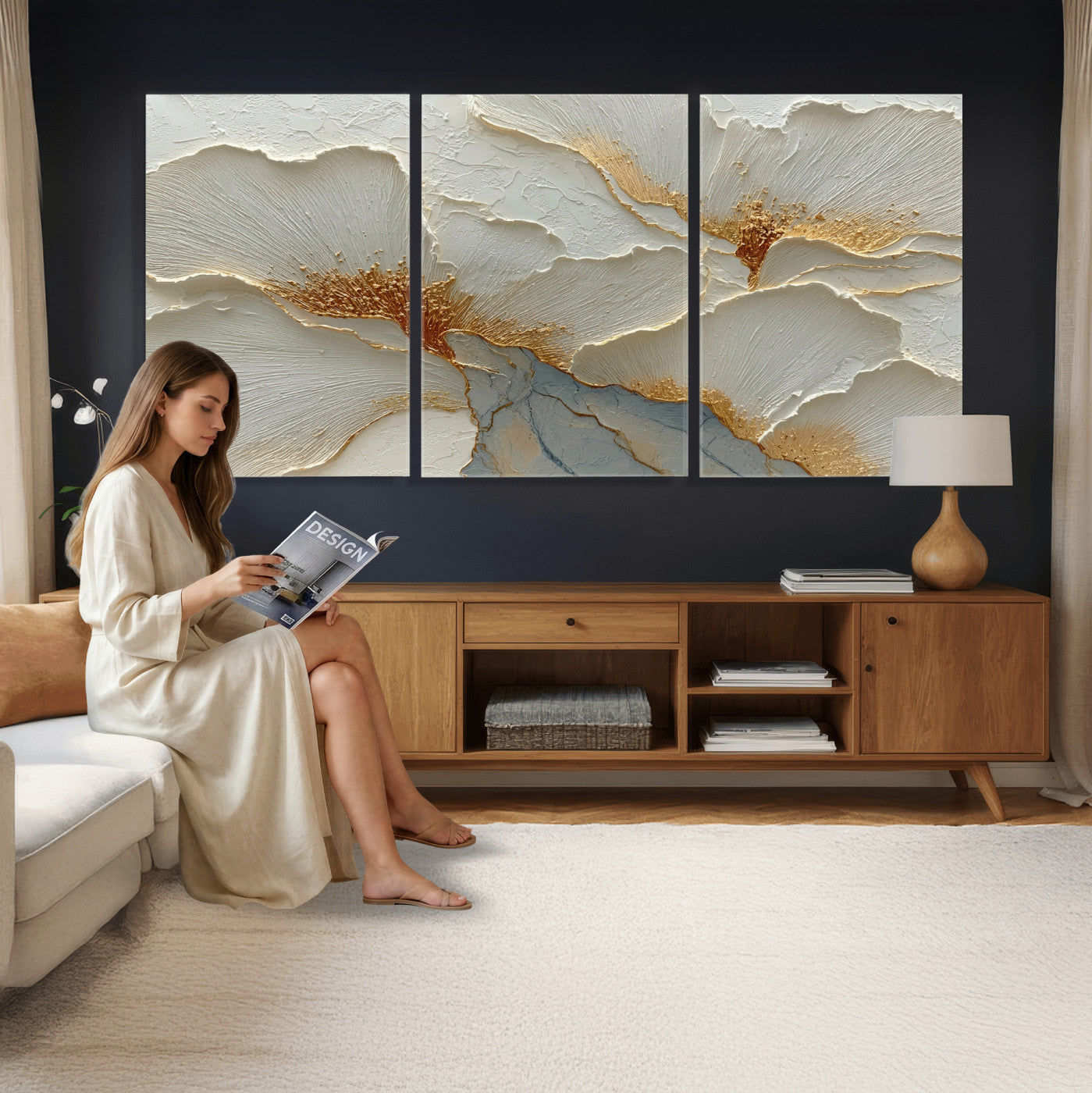 4712069F1-MGV-CV-36X24 - White Gold Floral Canvas Wall Art — Textured Flower Print | Luxury Botanical Decor | Elegant Bedroom Art | Gold Leaf Wall Art Gift