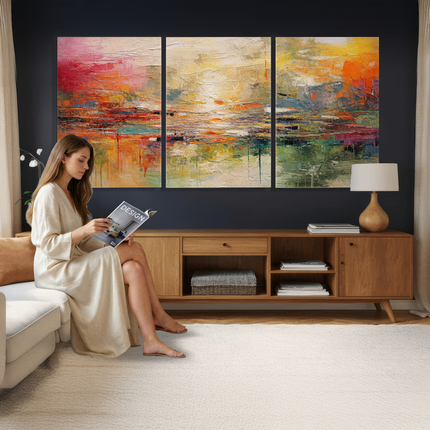 4712069P1-MGV-CV-36X24 - Colorful Abstract Canvas Wall Art — Large Textured Oil Painting Style Print | Orange Red Boho Wall Decor | Modern Living Room Art | Bold Wall Art