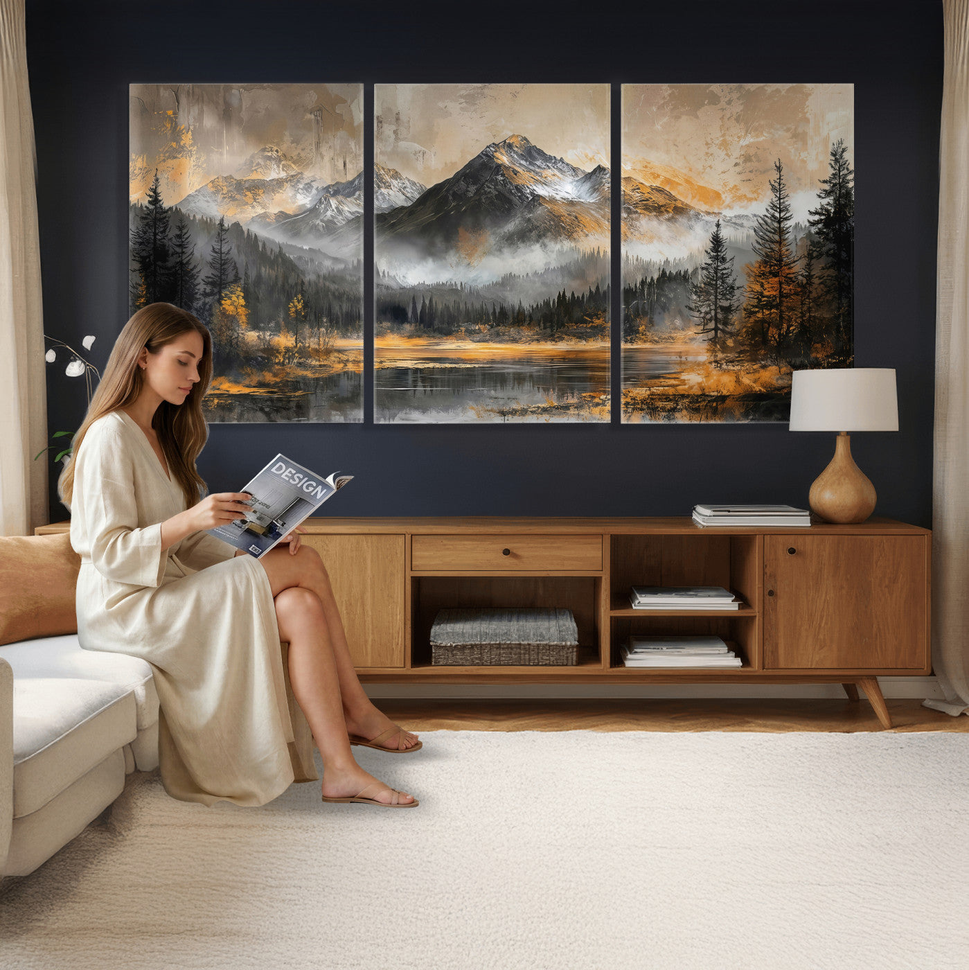 4712069D1-MGV-CV-36X24 - Mountain Lake Canvas Wall Art — Rustic Forest Landscape Print | Gold Grey Nature Decor | Cabin Wall Art | Large Wilderness Art Print Gift