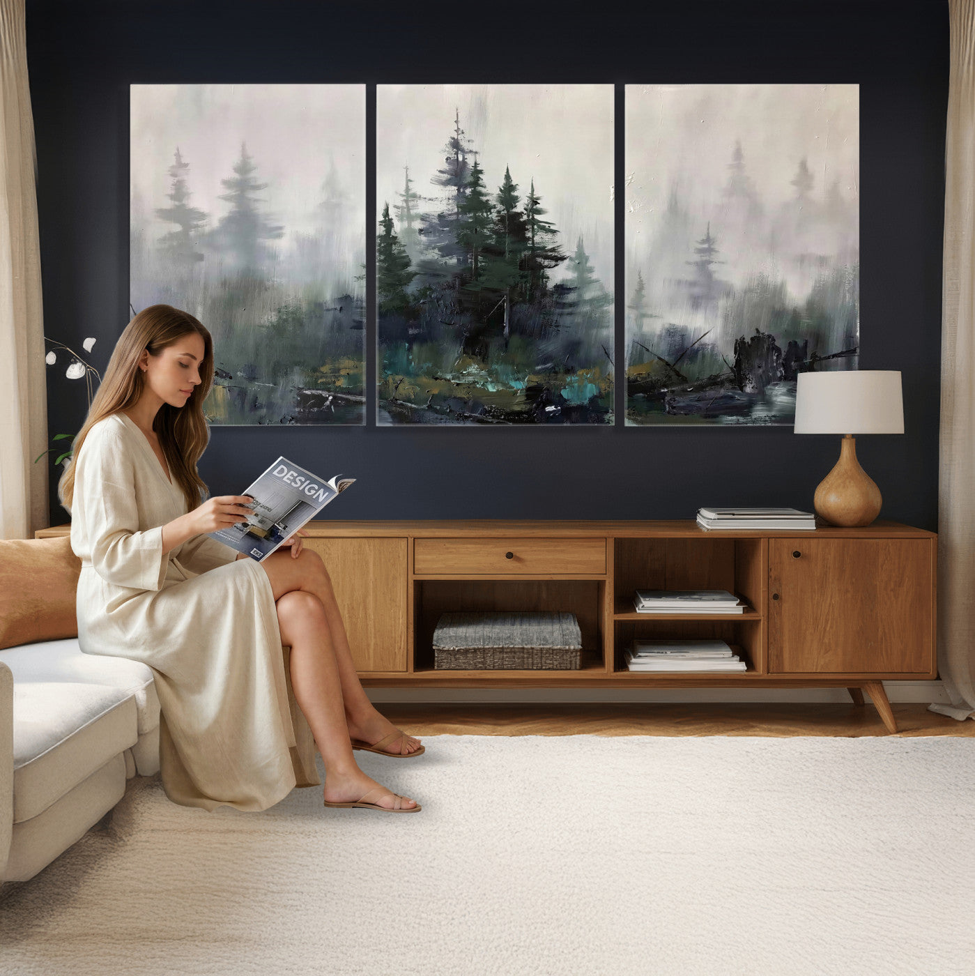 94143325-MGV-CV-36X24 - Misty Pine Forest Oil Painting Canvas — Dark Moody Teal Grey Tree Print | Japandi Scandinavian Wall Art | Minimalist Nature Decor Gift
