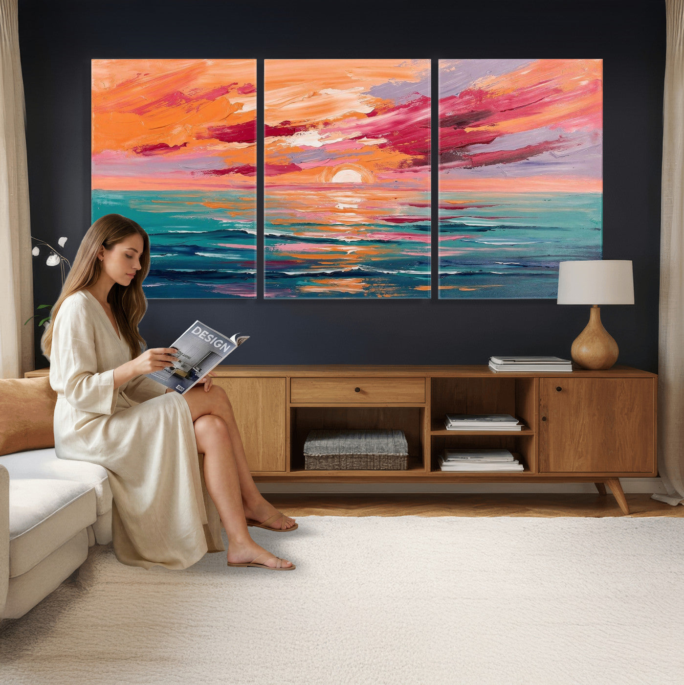 26763902-MGV-CV-36X24 - Bold Palette Knife Ocean Sunset Canvas — Orange Pink Teal Expressionist Sea Print | Colorful Coastal Wall Art | Vibrant Beach Decor Gift