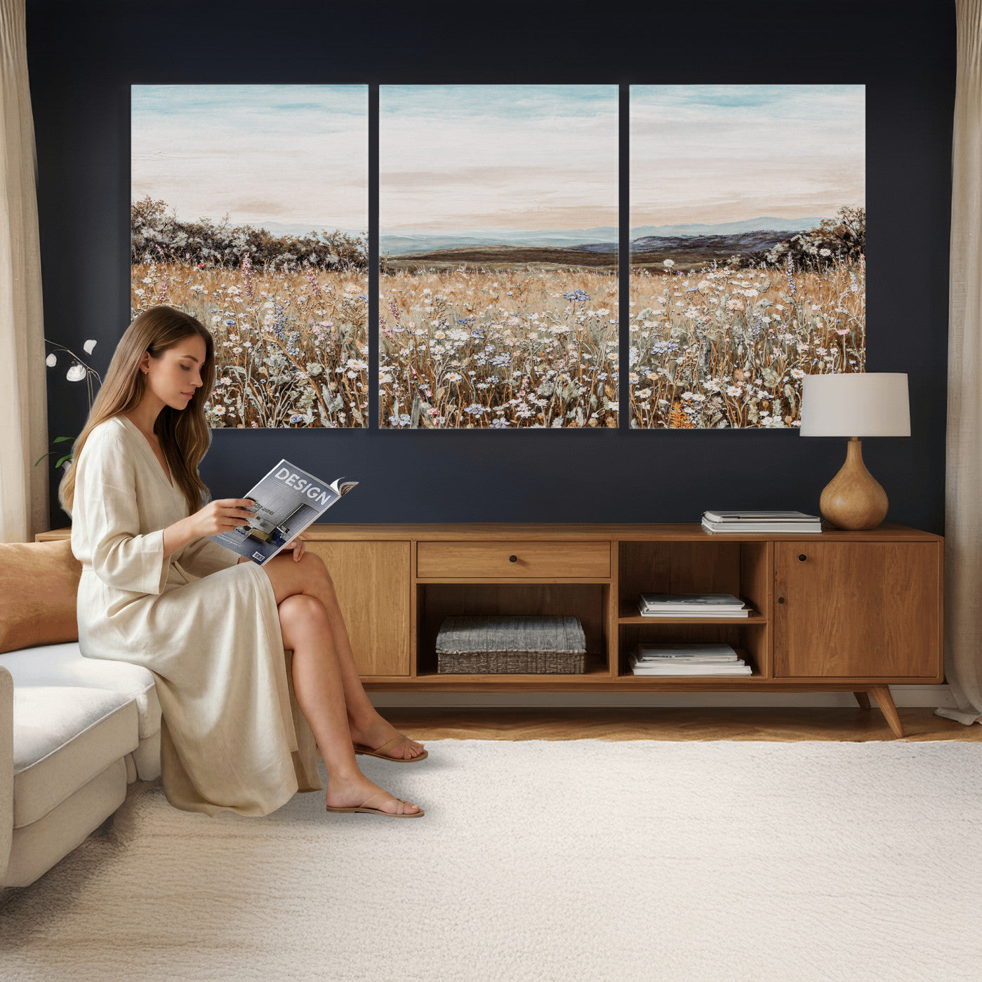 F35773805-MGV-CV-36X24 - Neutral Wildflower Field Canvas Wall Art — Beige Earth Tone Botanical Meadow Print | Farmhouse Boho Decor | Bedroom Living Room Gift Her