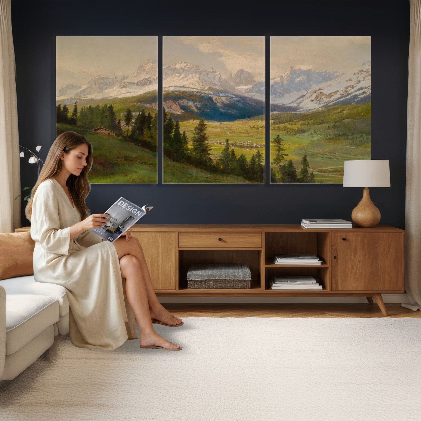 23120262-MGV-CV-36X24 - Konrad Petrides Sexten Village Canvas Print, Alpine Mountain Valley Painting, Dolomites Landscape Art