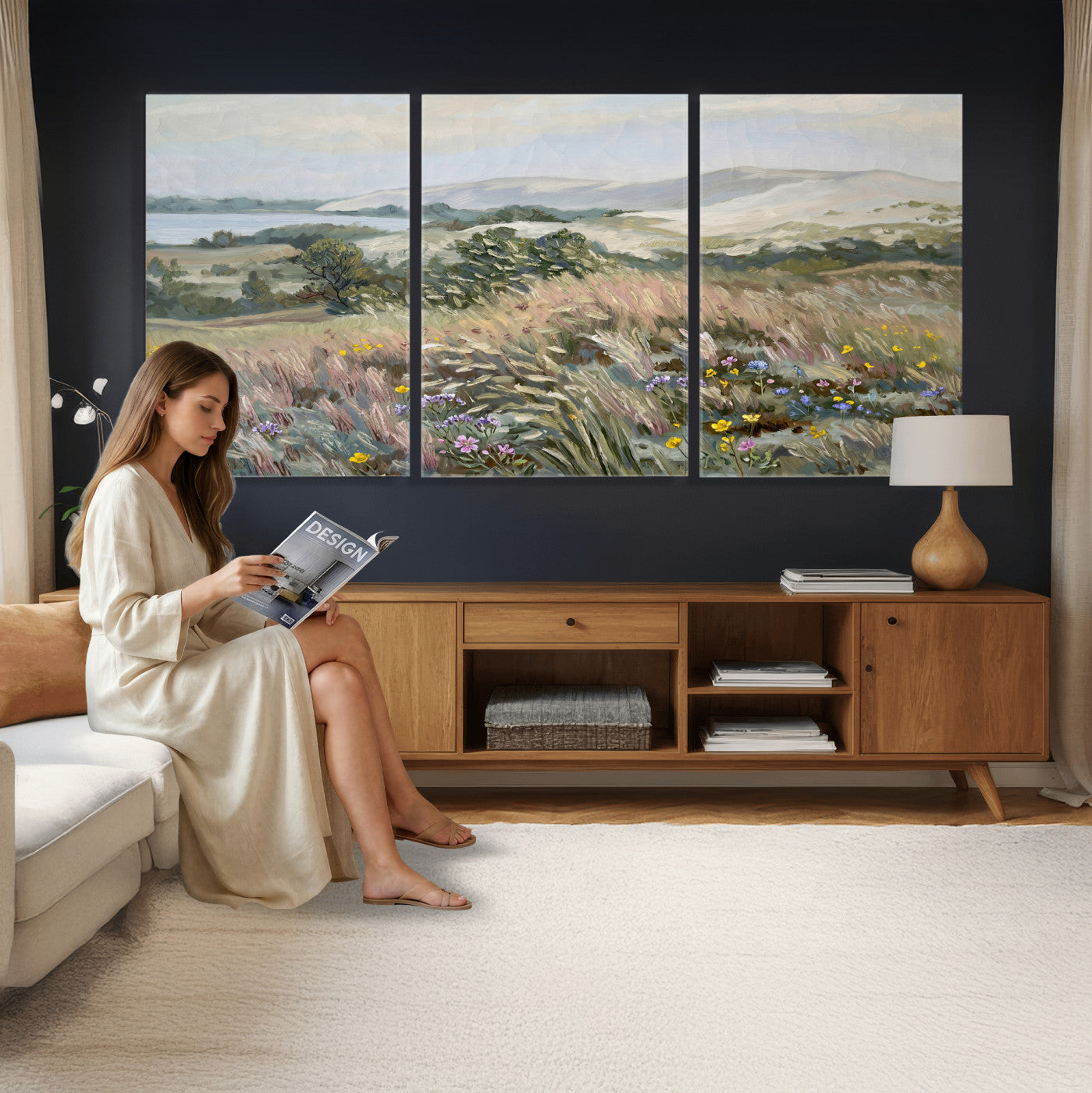 18013232-MGV-CV-36X24 - Katie Staples Hillside Canvas Wall Art — Coastal Wildflower Dune Oil Painting Print | Muted Green Nature Decor | Plein Air Landscape Gift