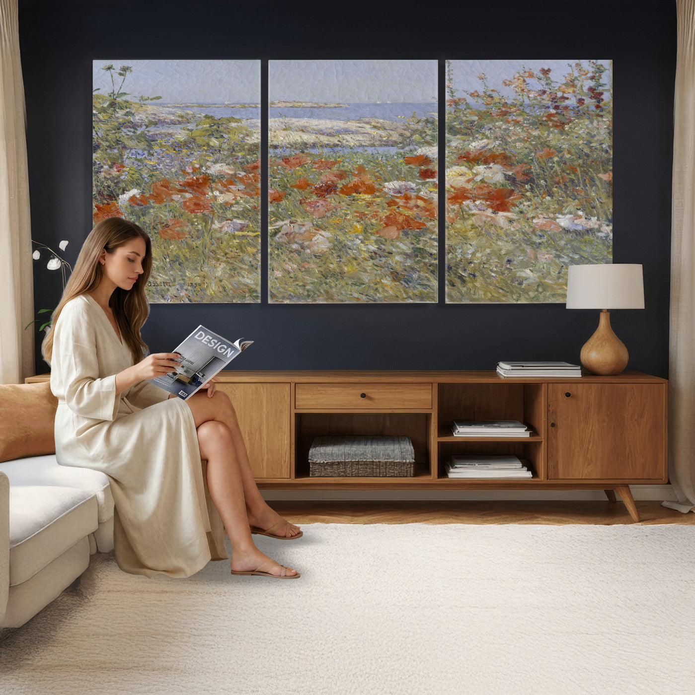 54770907-MGV-CV-36X24 - Childe Hassam Celia Thaxter Garden Canvas — 1890 American Impressionist Poppy Floral Print | Isles of Shoals Coastal Art | Classic Gift