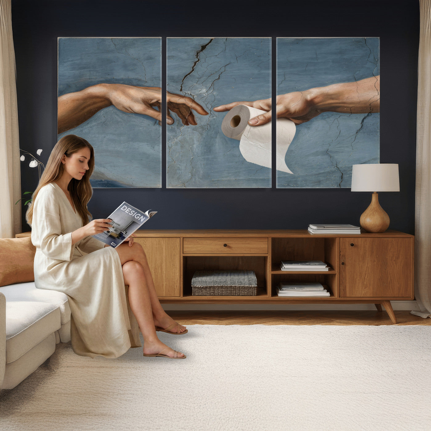 42648143-MGV-CV-36X24 - Funny Bathroom Canvas Wall Art, Michelangelo Creation of Adam Toilet Paper Parody, Renaissance Humor Print, Quirky Housewarming Gift, Toilet Room Decor