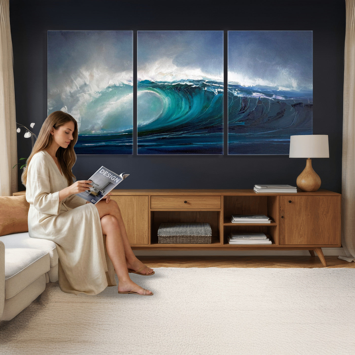 35491180-MGV-CV-60X30-3P - Ocean Wave Canvas Wall Art, Dramatic Teal Blue Seascape Oil Painting Print, Stormy Sea Coastal Decor, Large Beach House Art, Surf Wave Statement Art