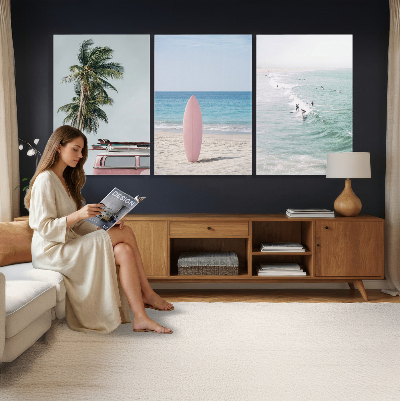 39028765-MGV-CV-60X30-3P - Surf Canvas Wall Art Set, Pink Surfboard VW Van Palm Tree Triptych, Beach House Coastal Decor, Pastel Ocean Photography Print, Boho Surf Decor