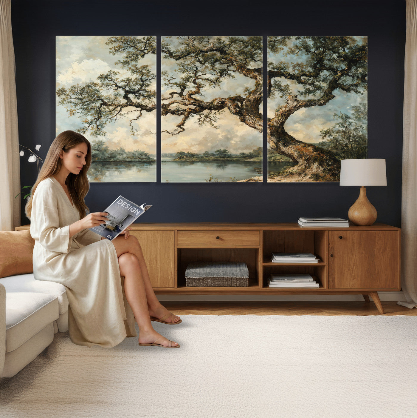 63857726-MGV-CV-36X24 - Old Oak Tree Canvas Wall Art, Turner Inspired Romantic Landscape Print, Vintage Nature Painting, Living Room Wall Decor, Antique Style Tree Art