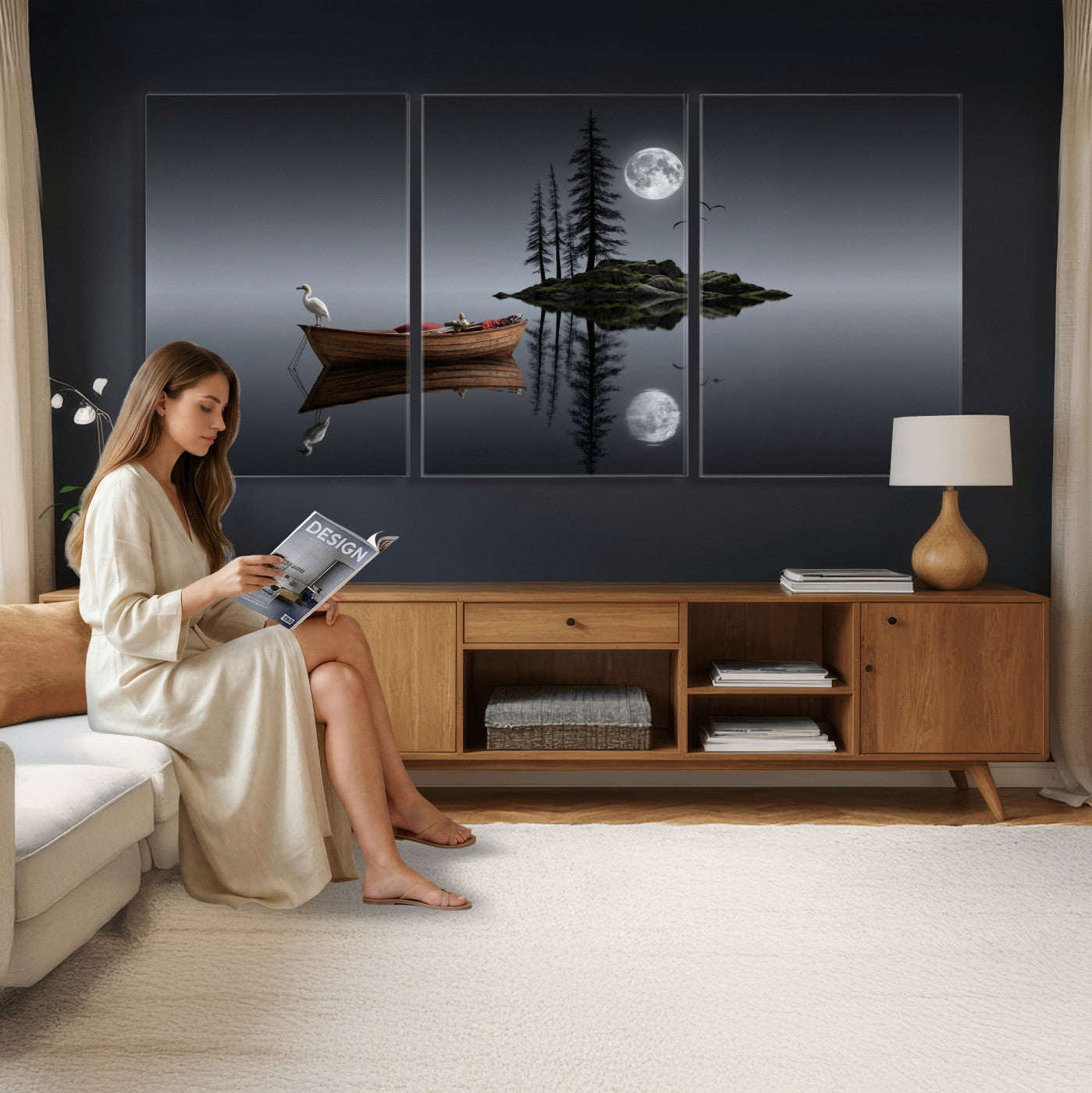 68839391D-MGV-CV-60X30-3P - Moonlit Lake Canvas Wall Art, Dreamy Boat Heron Full Moon Night Print, Dark Fantasy Nature Decor, Moody Bedroom Art, Surreal Landscape Wall Art