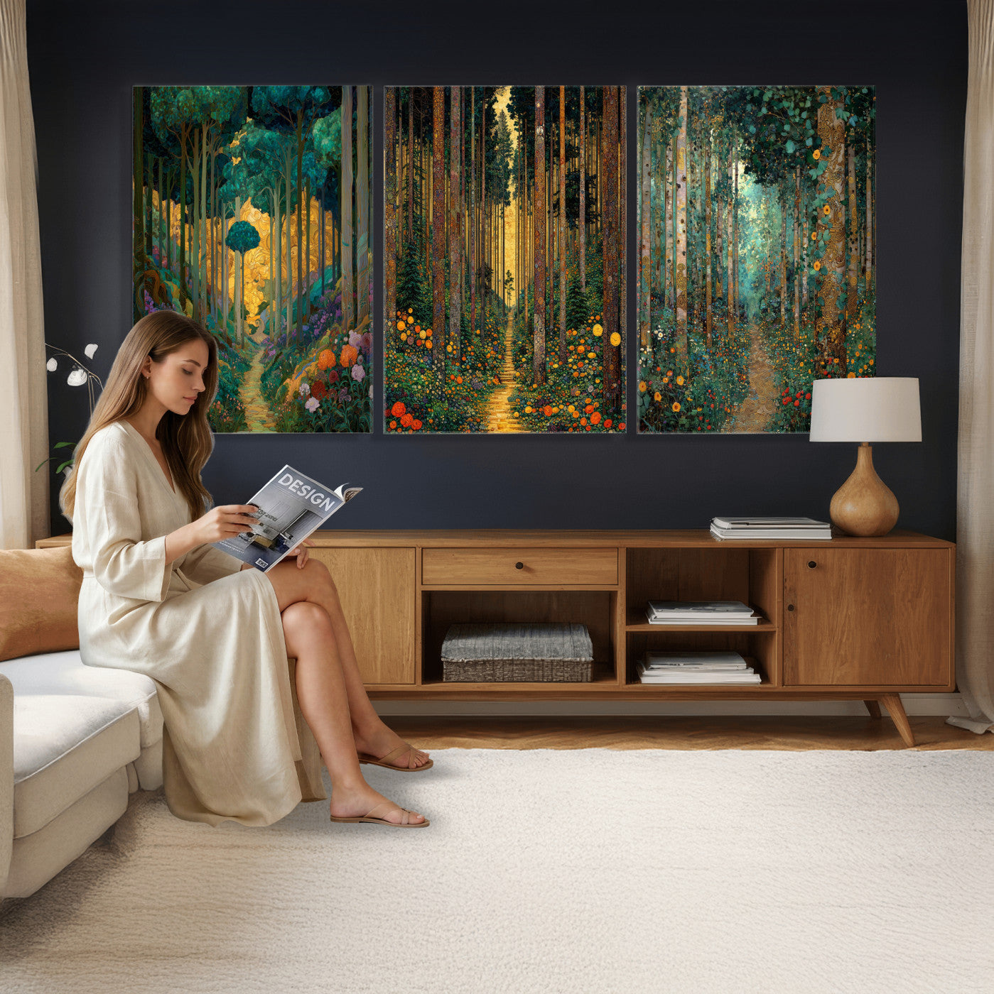 79483321-MGV-CV-60X30-3P - Gustav Klimt Style Forest Canvas Wall Art, Golden Forest Path Floral Art Nouveau Print, Enchanted Woodland Decor, Maximalist Colorful Nature Art