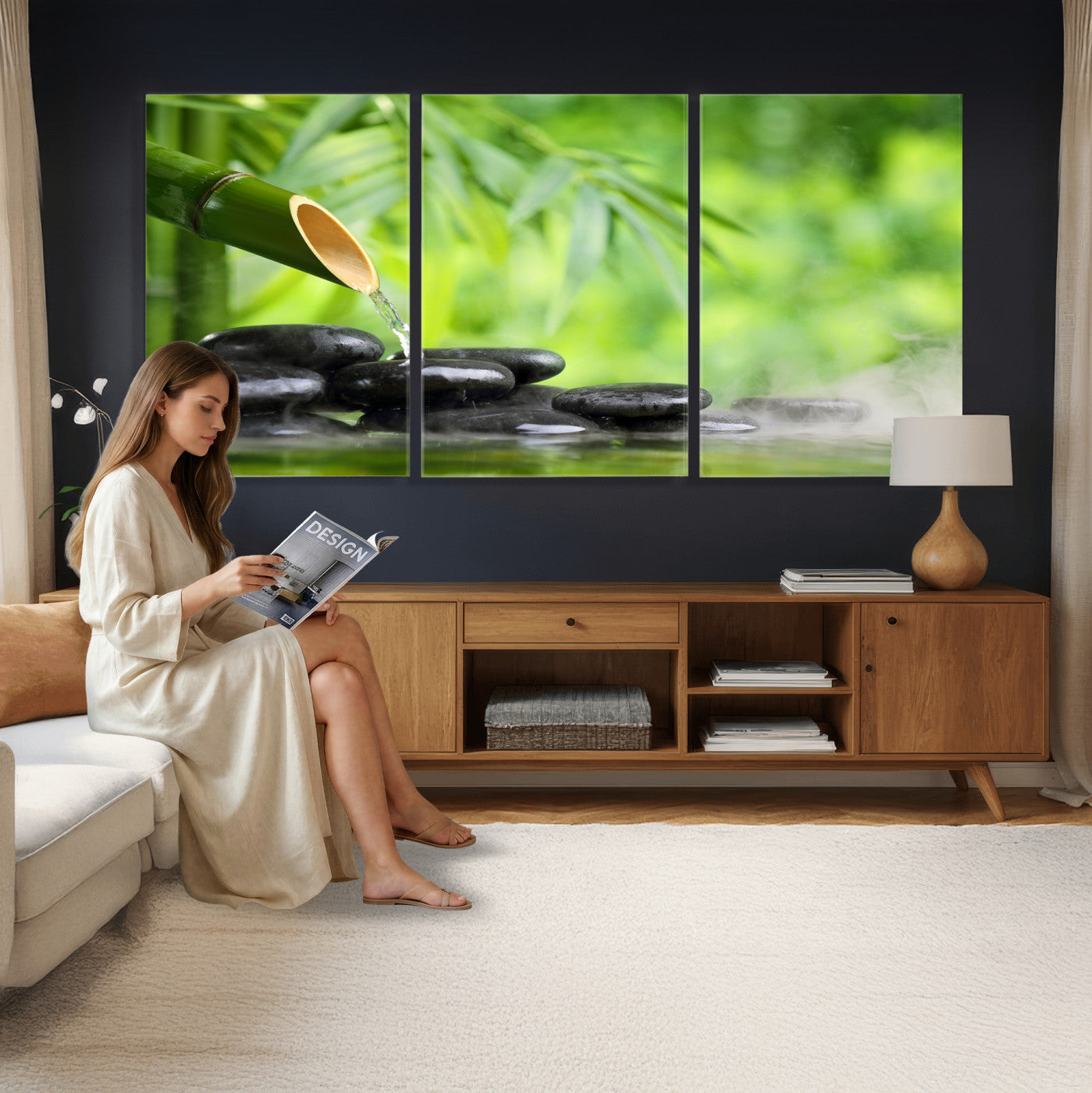 26961320-MGV-CV-36X24 - Bamboo Water Flow Black Stone Canvas | Zen Spa Nature Photography Print | Green Mist Japanese Garden Wall Art | Tranquil Decor