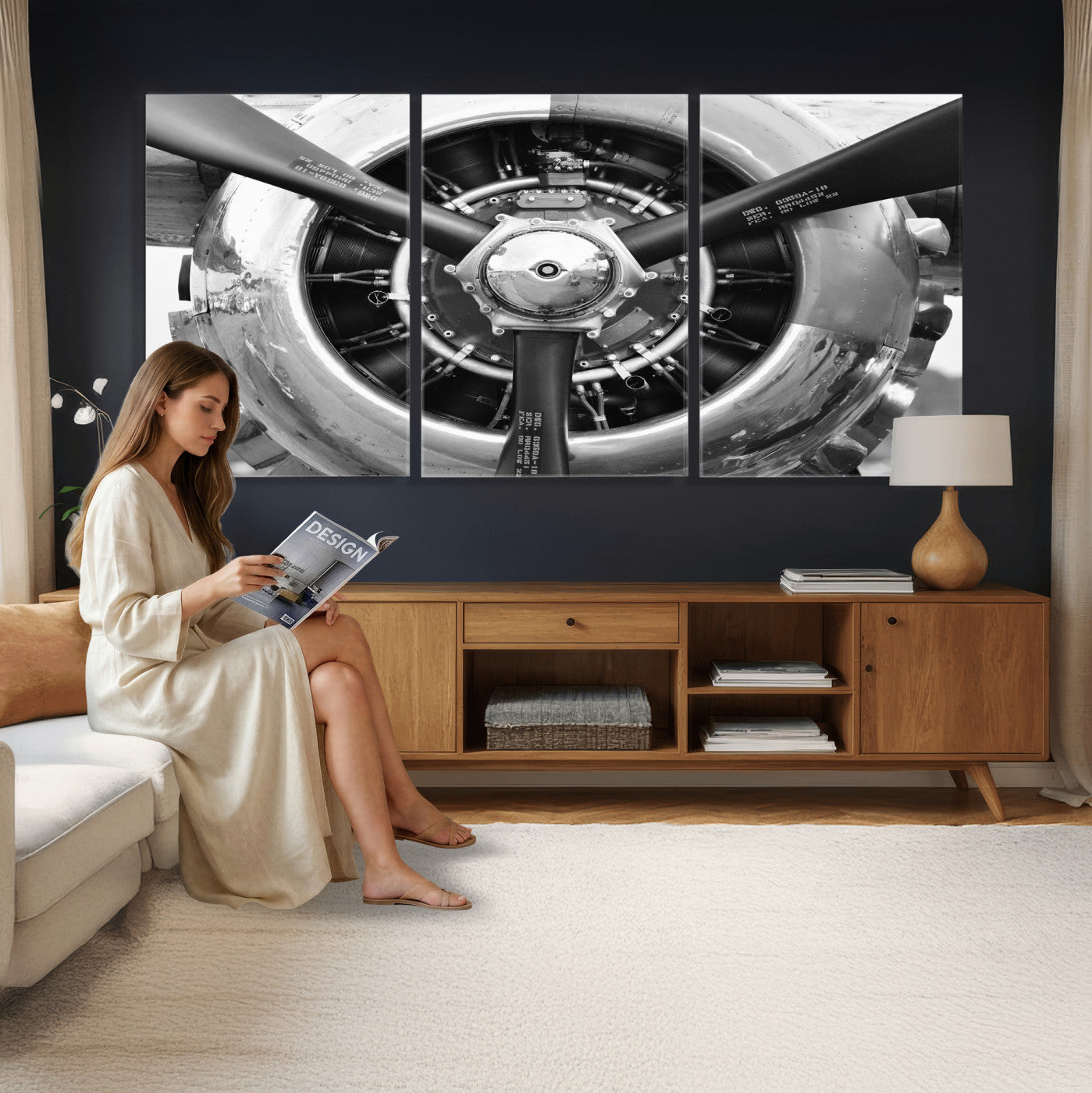 73322230-MGV-CV-36X24 - Vintage Propeller Plane Wall Art Canvas Print, Black and White Airplane Engine Close Up Framed Aviation Artwork for Pilot Office Hangar Decor