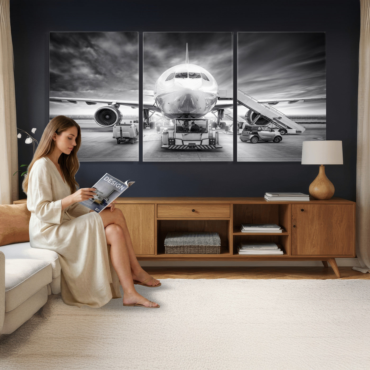 85885848-MGV-CV-36X24 - Airplane Wall Art Canvas Print, Black and White Jet Aircraft Airport Runway Framed Aviation Artwork for Pilot Office Hangar Travel Decor