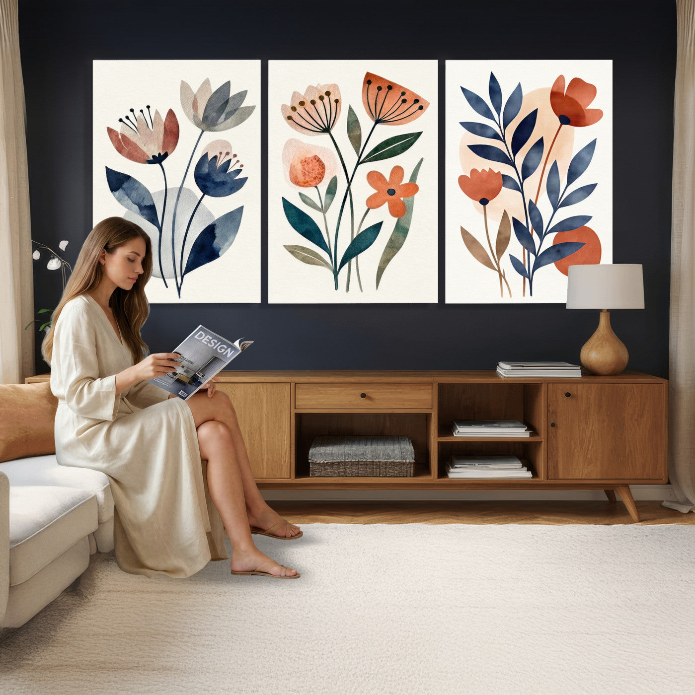 64426285-MGV-CV-60X30-3P - Watercolor Botanical Canvas Wall Art Set, Navy Terracotta Floral Triptych Print, Minimalist Flower Decor, Boho Living Room Art, Scandinavian Nature Print