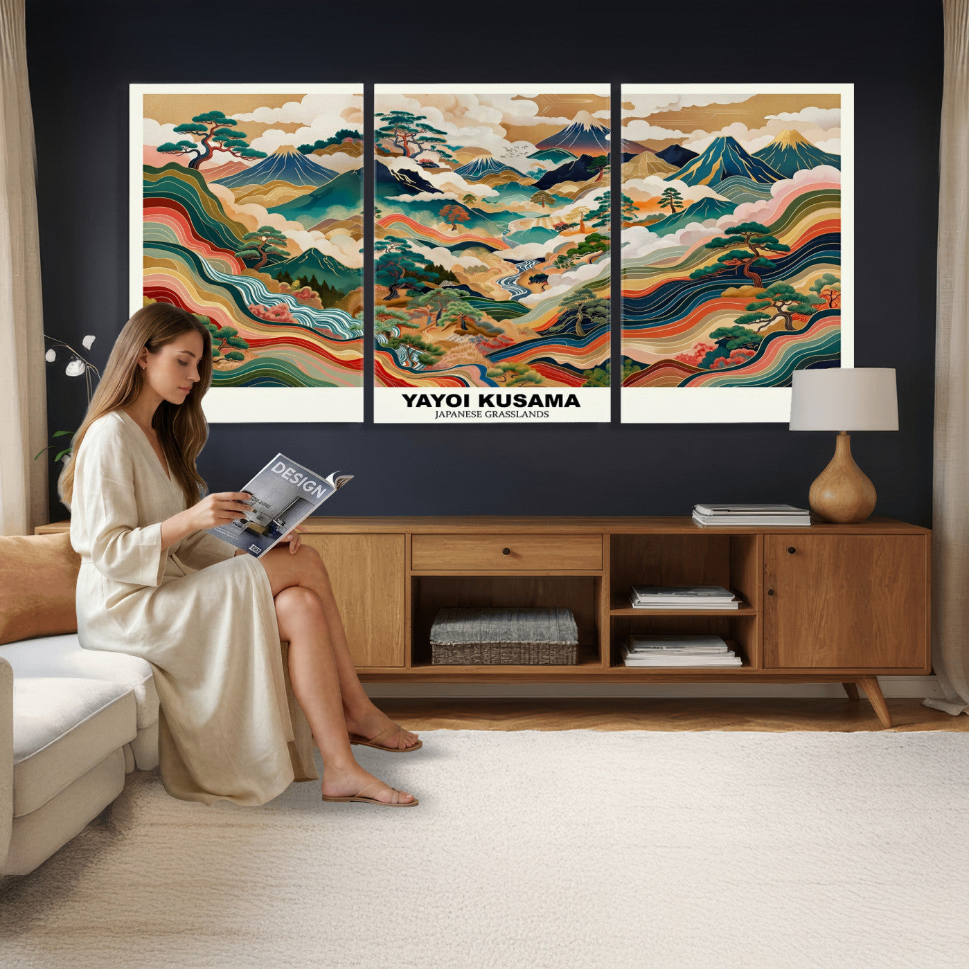 89903380-MGV-CV-60X30-3P - Japanese Grasslands Canvas Wall Art, Kusama Inspired Landscape Print, Colorful Japanese Nature Poster, Ukiyo-e Style Mountain Decor, Asian Art Print