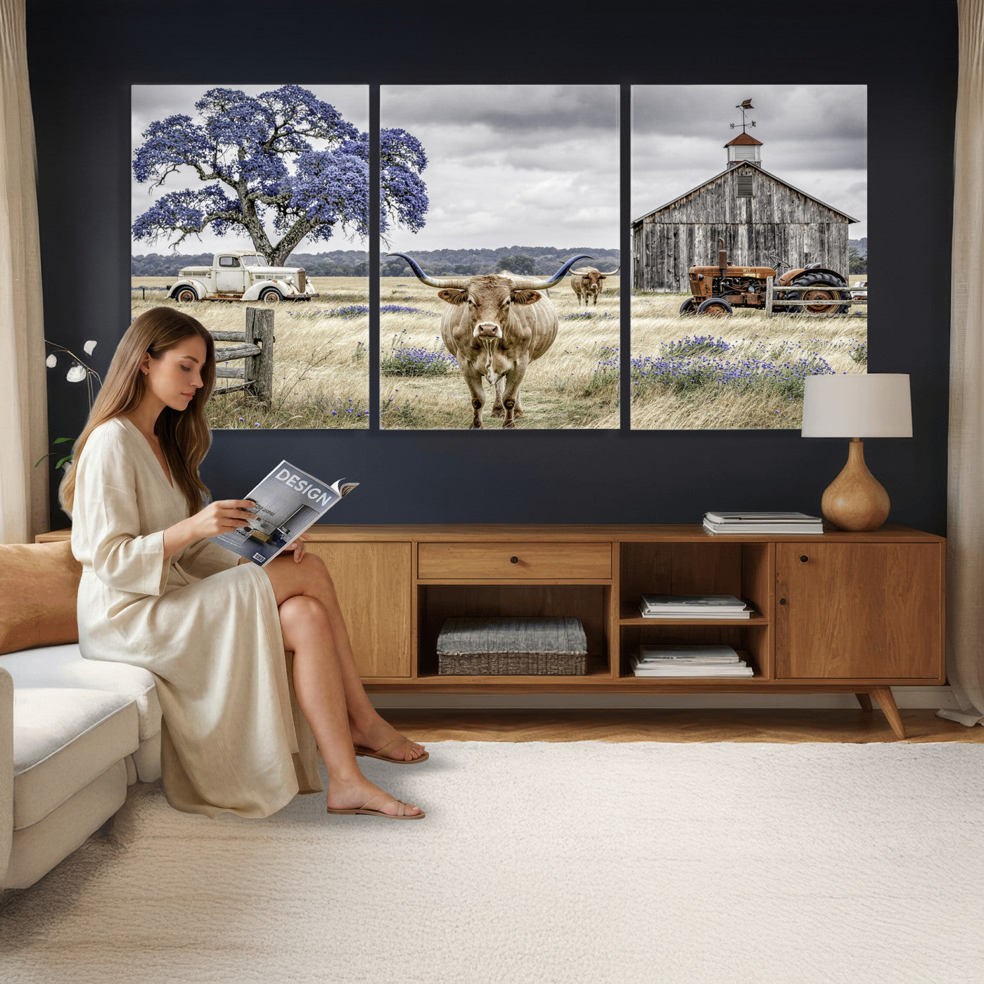 62336425-MGV-CV-60X30-3P - Texas Longhorn Canvas Wall Art, Rustic Farm Barn Bluebonnet Photography Print, Farmhouse Country Decor, Western Ranch Art, Old Truck Tractor Print